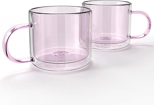 elle decor Tazas de café de doble pared, juego de 2, bonitas tazas de café, té y vidrio de leche con asa, taza de espresso aislada, 10 onzas, juego