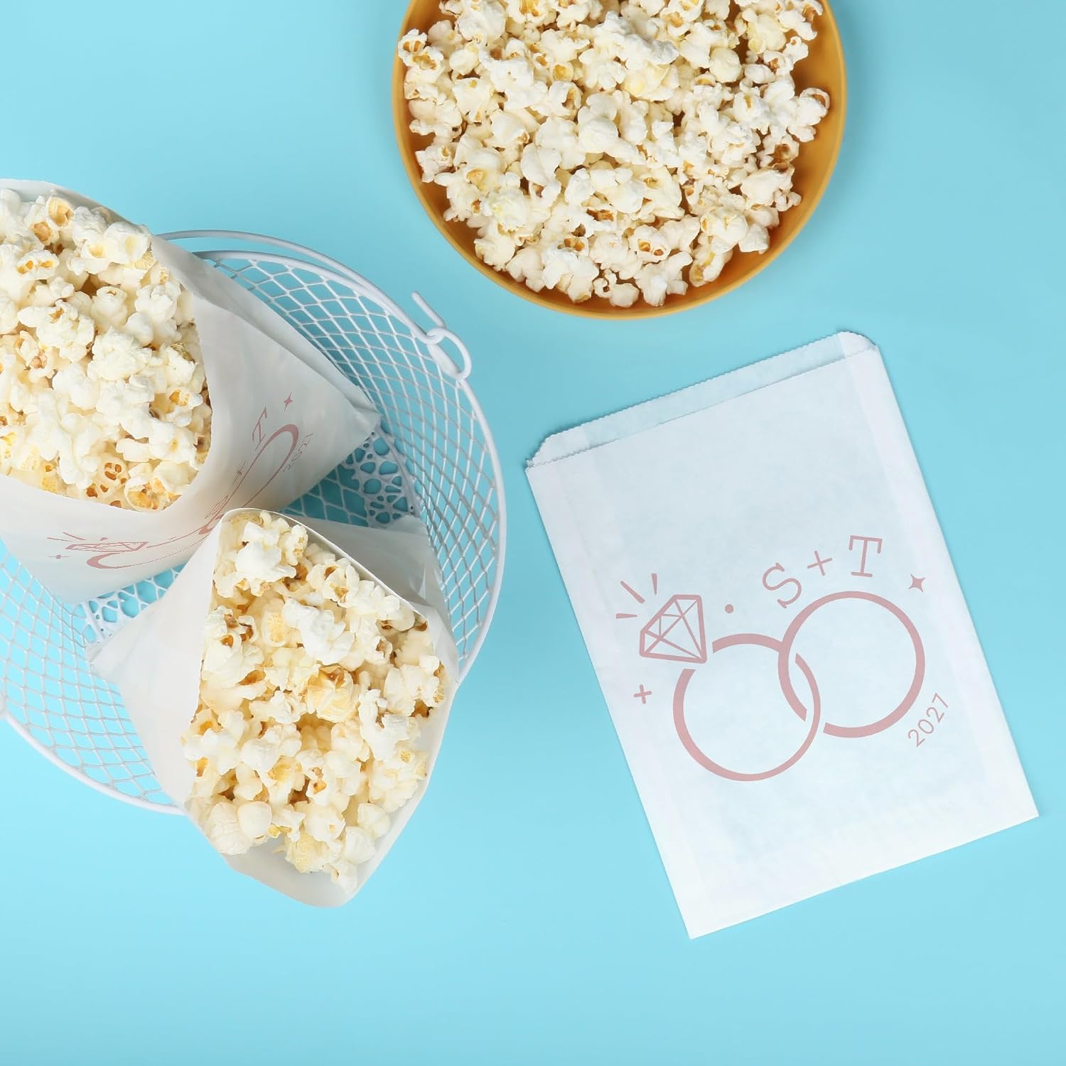 Big Dot of Happiness Personalized Pink Wedding Rings Paper Treat Bags, Custom Monogram Initials Engagement Party Individual Candy Snack Favors, Greaseproof White Sandwich Cookie Bags - 25 Count