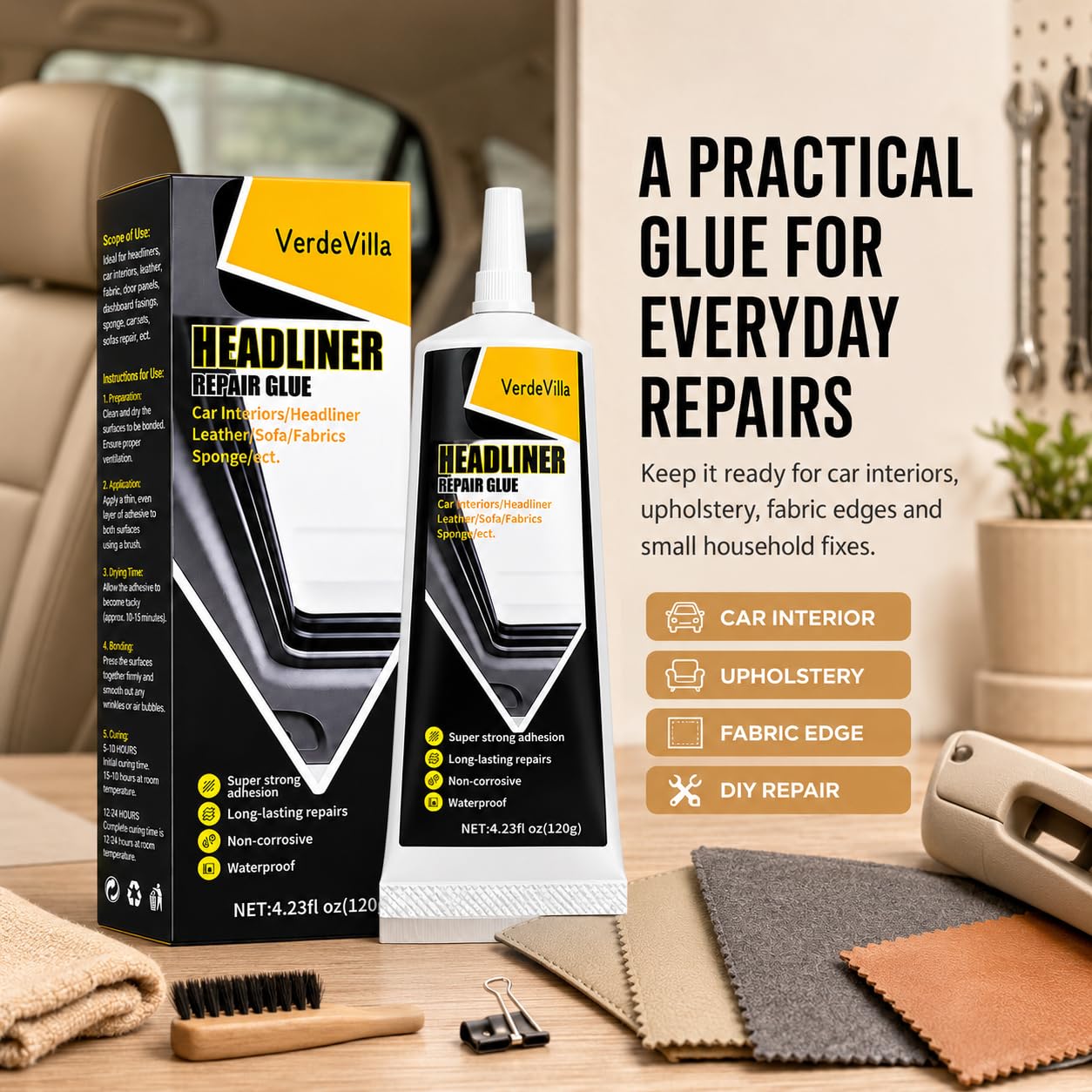 Headliner Repair Glue, Car Headliner Adhesive with Brush, Car Roof Liner Fabric Adhesive, Upholstery Glue for Cars,Headliner Repair Kit, Suitable for Automotive interiors, Fabric, Leather