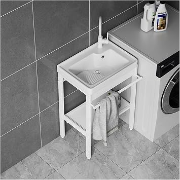 Utility Sink for Laundry Room,Freestanding Single Bowl Kitchen Sink,Laundry Tub,Movable Outdoor Sink Station,with Hot&Cold Water Fauce,Drain Strainer Set,Storage Shelf,for Shop Garage Garden Indoor