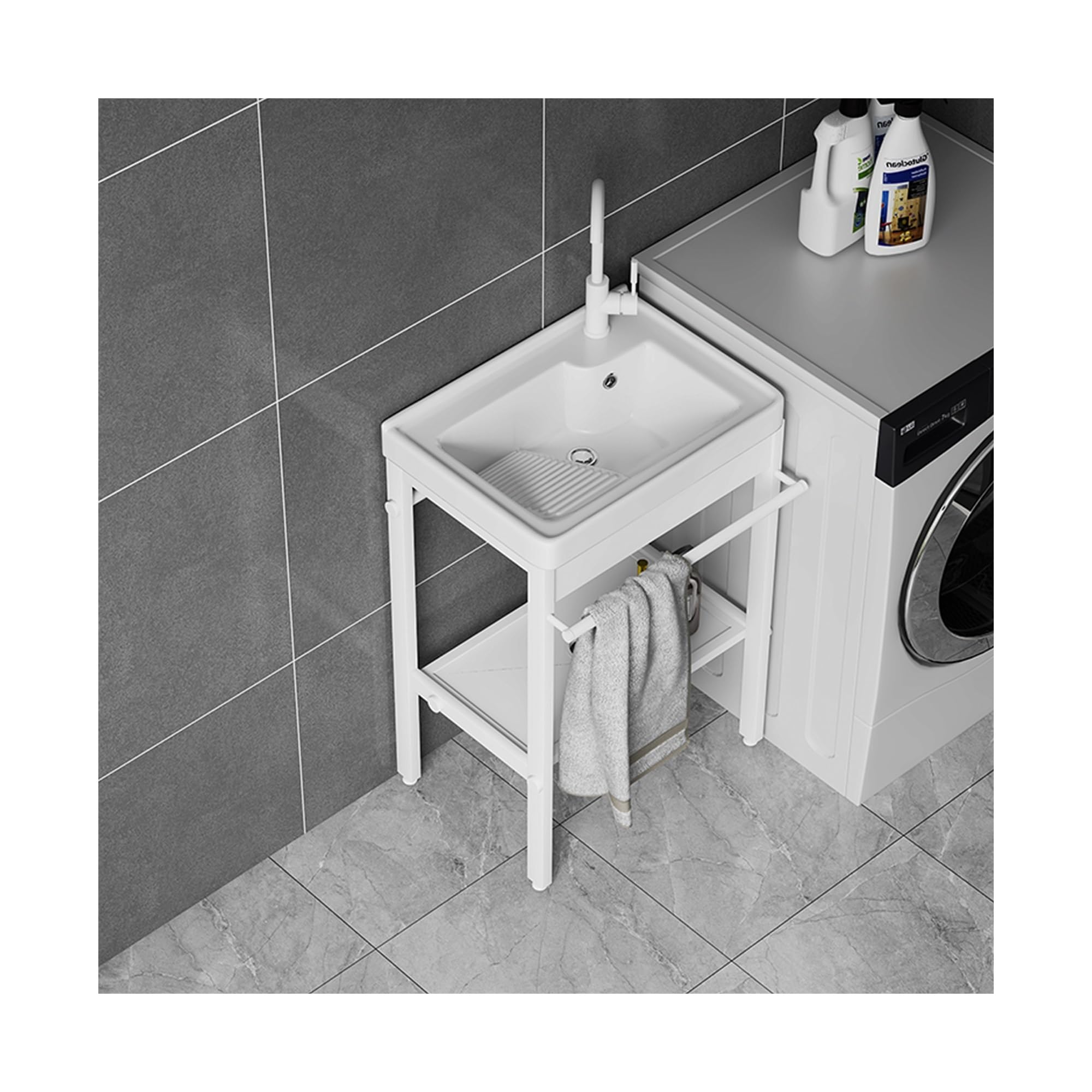 Lavabo Lavanderia Utilità ,Lavello da Cucina Autoportante,Lavandino da Giardino Esterno,Lavatoio Ceramica,con Rubinetto,Componenti di Drenaggio,Supporto,per Garage,Cortile,Bianca ( Color : Round Fauce