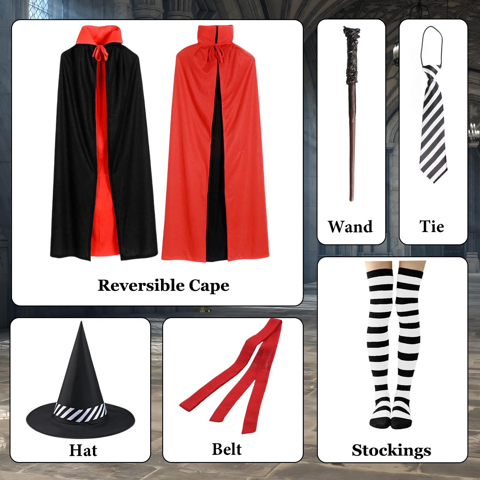 Aleshime Girls The Worst Witch Costume, Childs World Book Day Fancy Dress School Witch Costume, Black Cape, Wizard Hat, Wand - Image 2