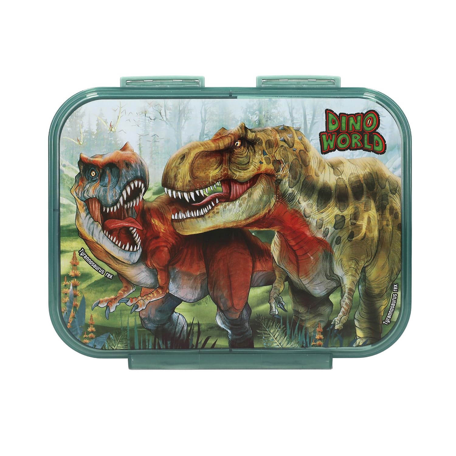 Depesche 13401 Dino World Bite Lunch Box in Dark Green with Dinosaur Motif and Landscape, Lunch Box with 3 Compartments and Hinged Lid