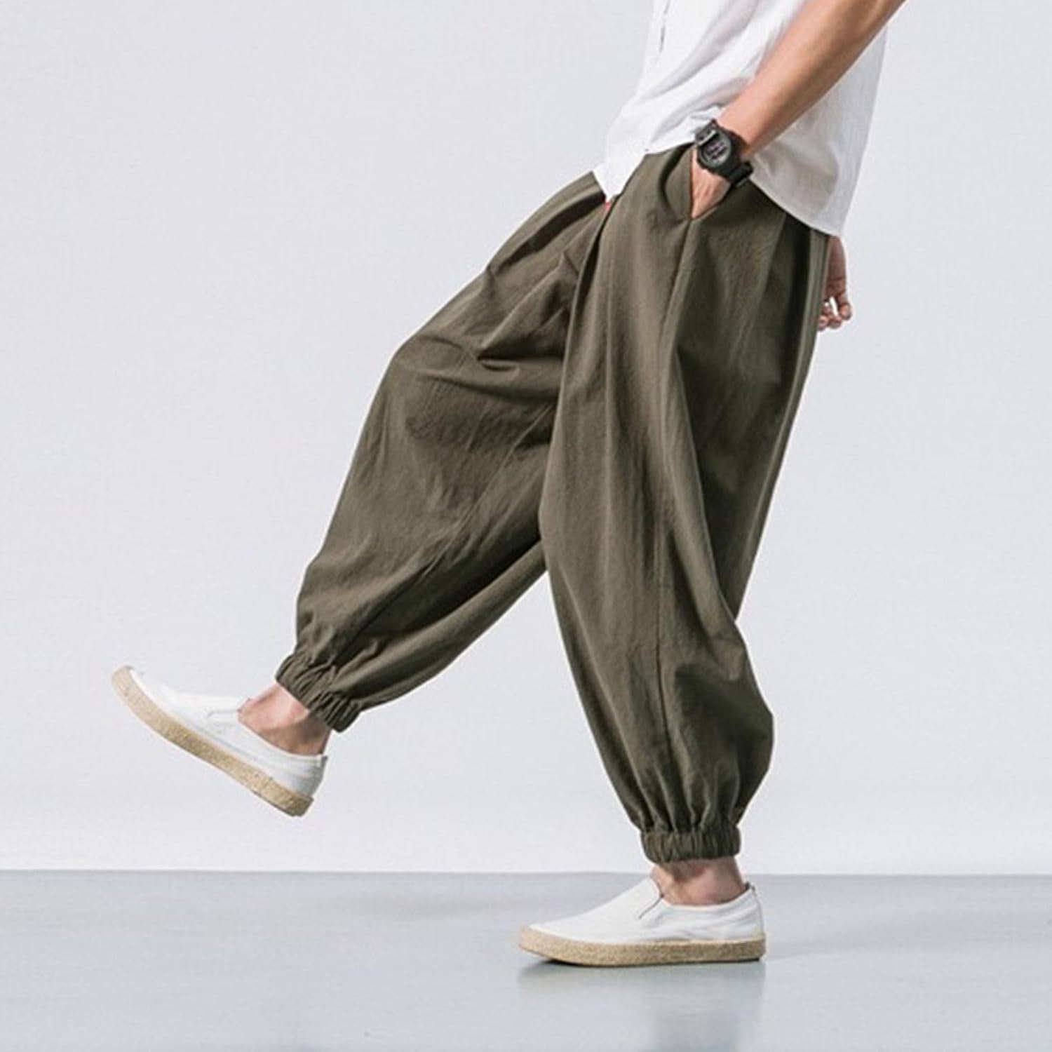 Mens Solid Color Loose Cotton Linen Lantern Pants Loose Boho Beach Drop Crotch Trouser Hip Hop Drawstring Yoga Pant