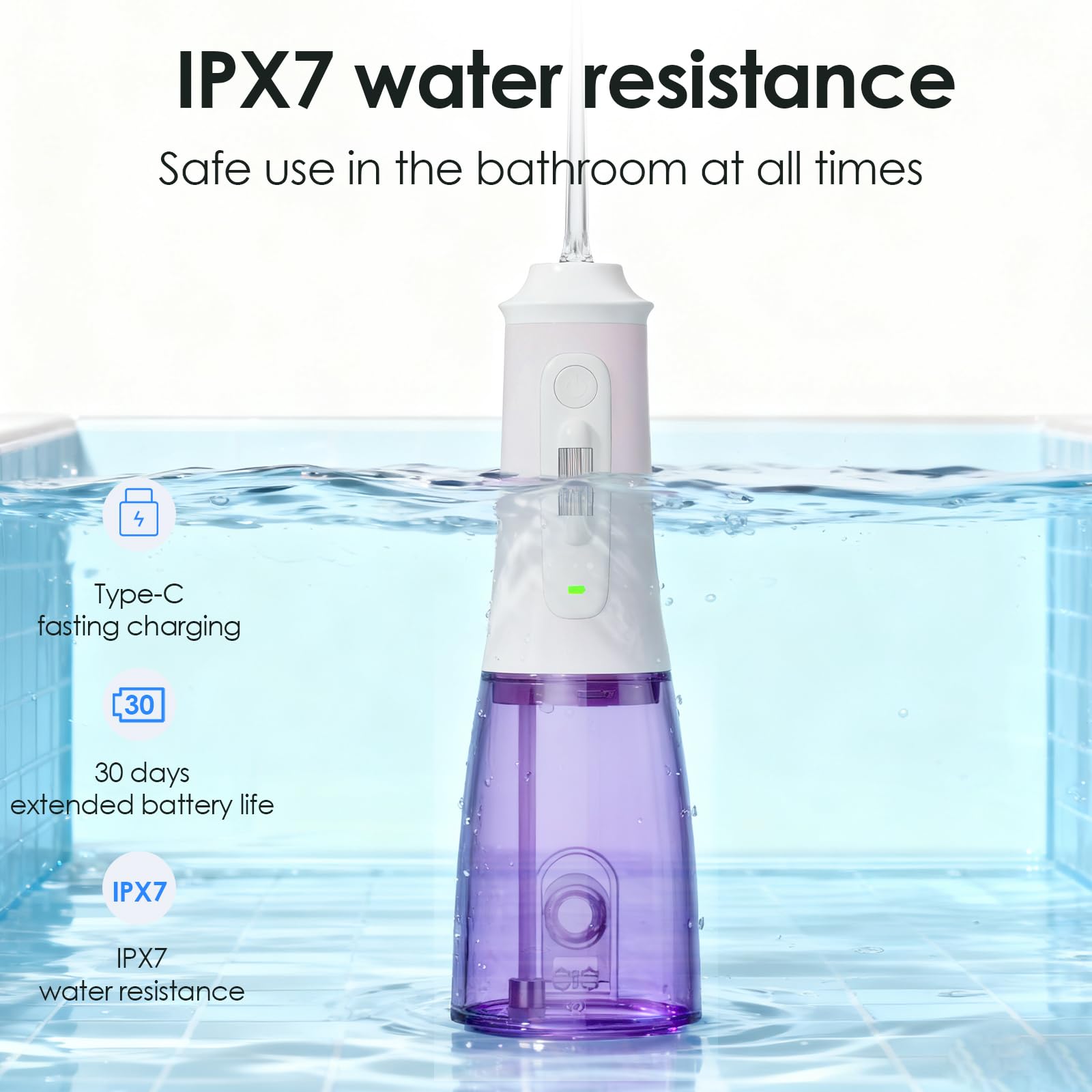 300 ml lange Akkulaufzeit, Wasserseide, einstellbarer Druck, Munddusche mit 4 austauschbaren Düsenspitzen für Implantate, Zahnspangen, zurückkehrendes Zahnfleisch (Hellviolett)