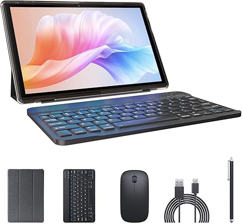 Tablet 2 en 1 con funda para teclado y ratón, tableta de 10 pulgadas Android 14 Tablets PC, 6 GB RAM+32 GB ROM compatible con 1 TB expandible,