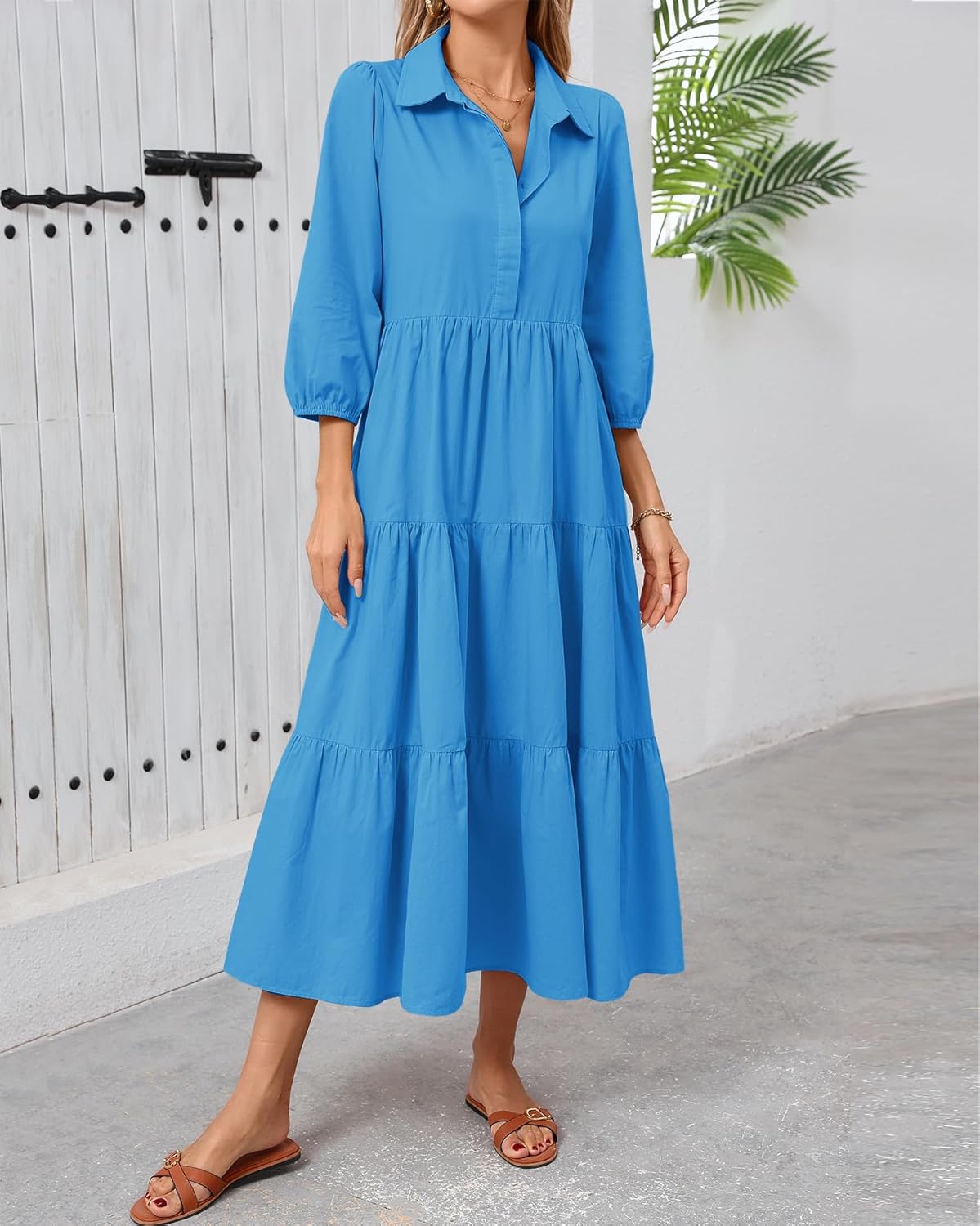 Women Button Down Maxi Shirt Dress Long Sleeve Flowy Tiered Collared Dresses with Pockets - Image 4