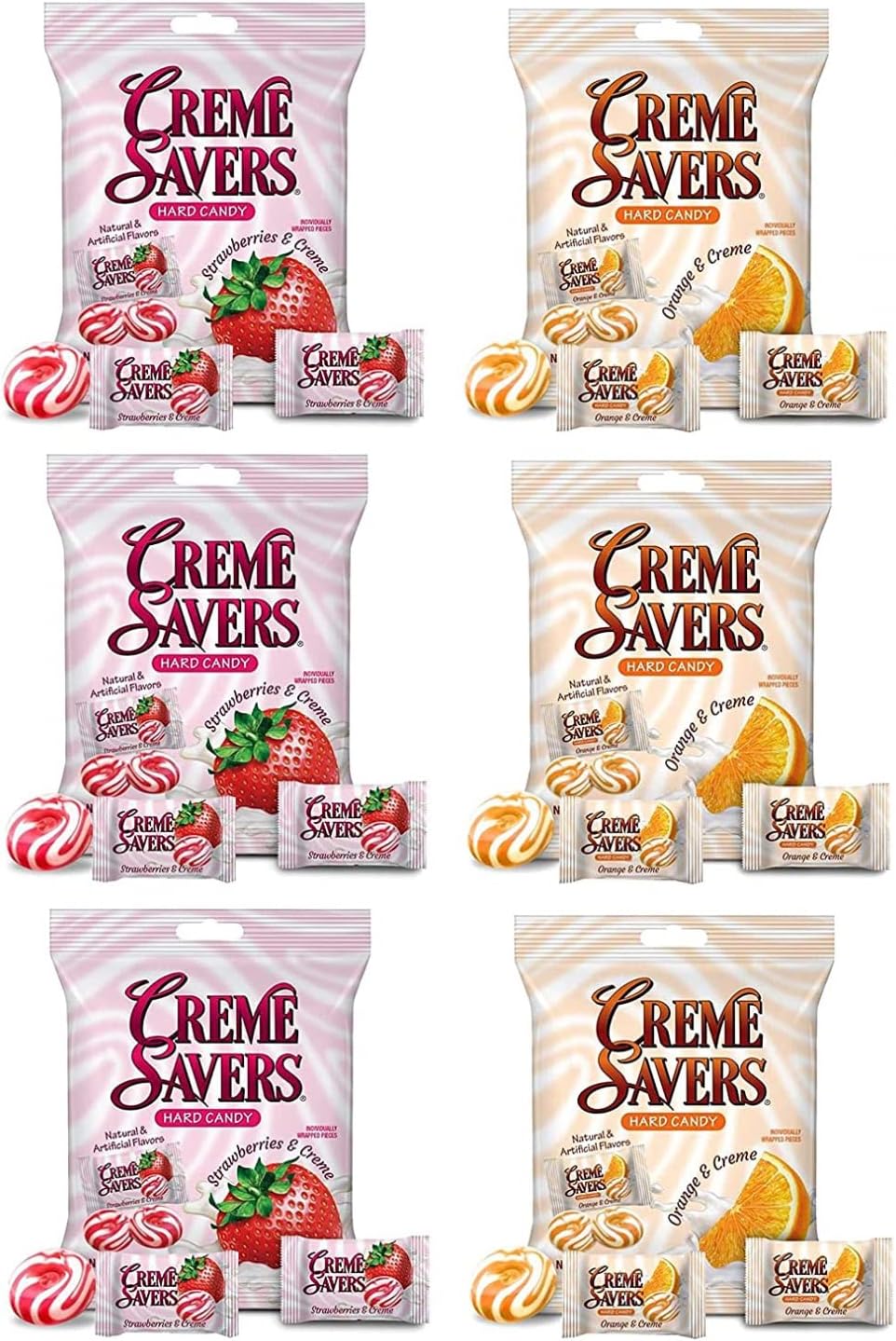 Savers Strawberry and Creme Orange and Creme Hard Candy 6 Bag Variety Bundle | The Original Classic Creme Savers | Six Bag Variety Pack - 37.5oz Total Included, 6.25 Ounce (Pack of 6)