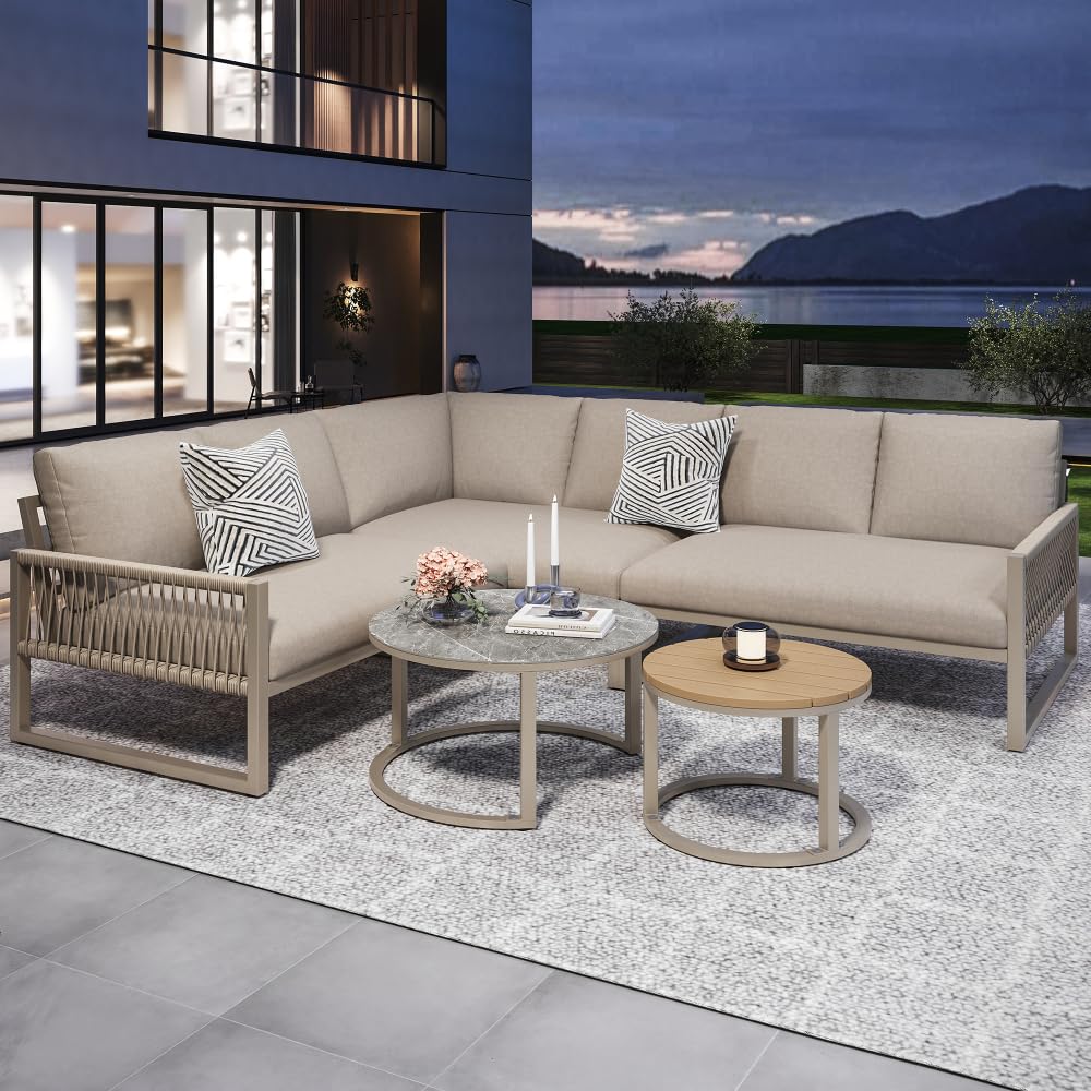 Gartenmöbel Lounge Set, Lounge Möbel Outdoor für 6-7 Personen, Ecksofa mit Verzinktem Eisengestell, Verstellbare Beine, Inklusive Aller Sitz- und Rückenkissen - Beige