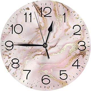 Wall Clock for Living Room Bedroom Abstract Pink and Gold Glitter Marble Silent Non Ticking Battery Operated Easy to Read Modern Decorative Round Clock, 9.84 x 9.84 x 0.2 inch