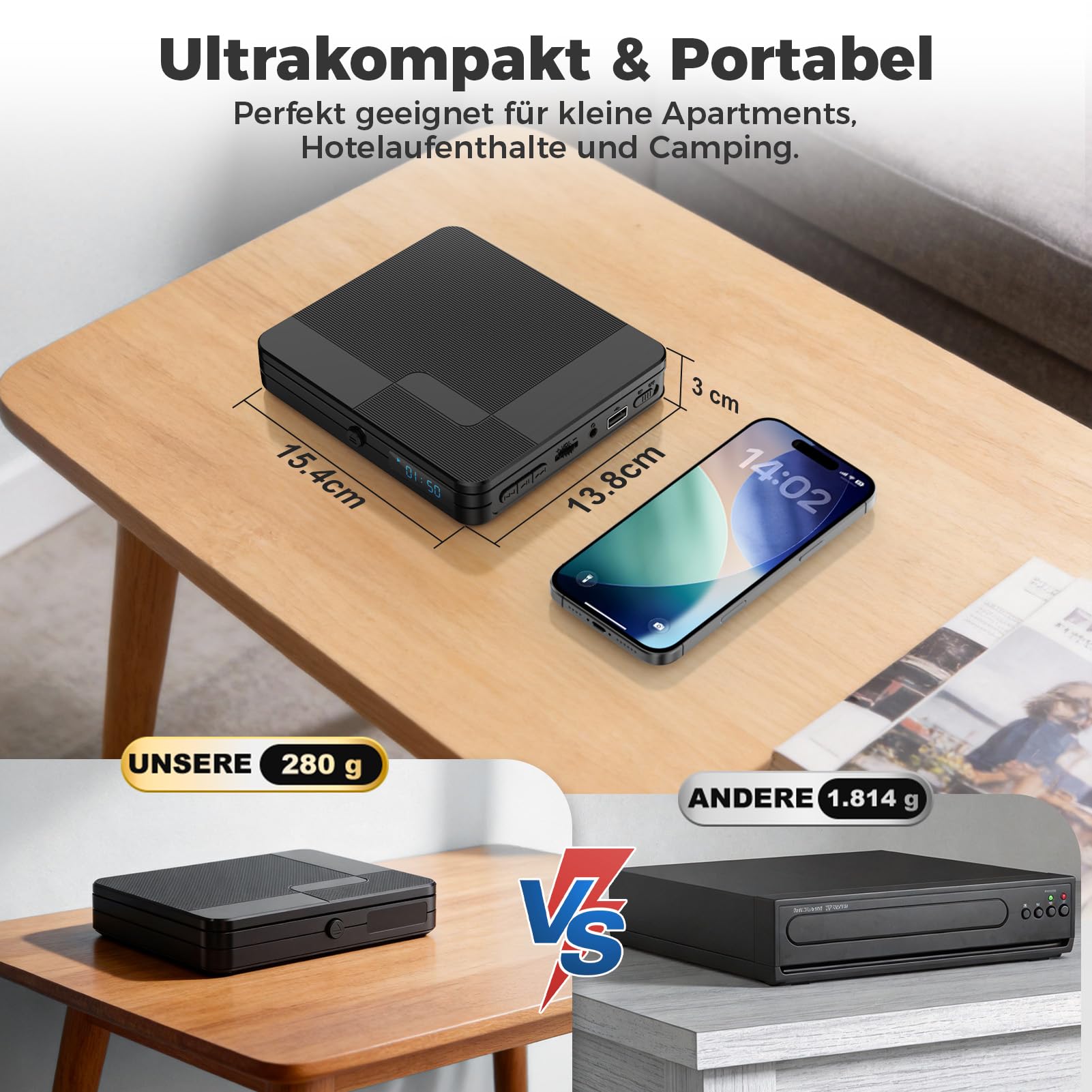 DVD Player für Fernseher, Mini DVD Player HDMI mit 1080P Upscaling, All Region Free, mit USB 2.0-Anschluss und Fernbedienung, Breakpoint Speicher, für Smart TV, integriertes PAL/NTSC