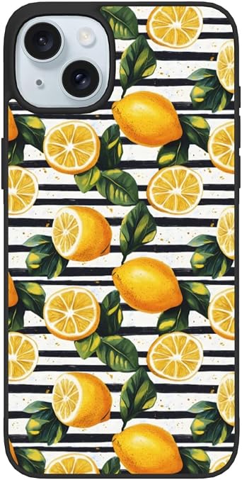 Compatible with iPhone 15 Case Cute, Black White Striped Lemons Print Phone Case Compatible with iPhone 15, Shockproof Protective, Full Camera Protection