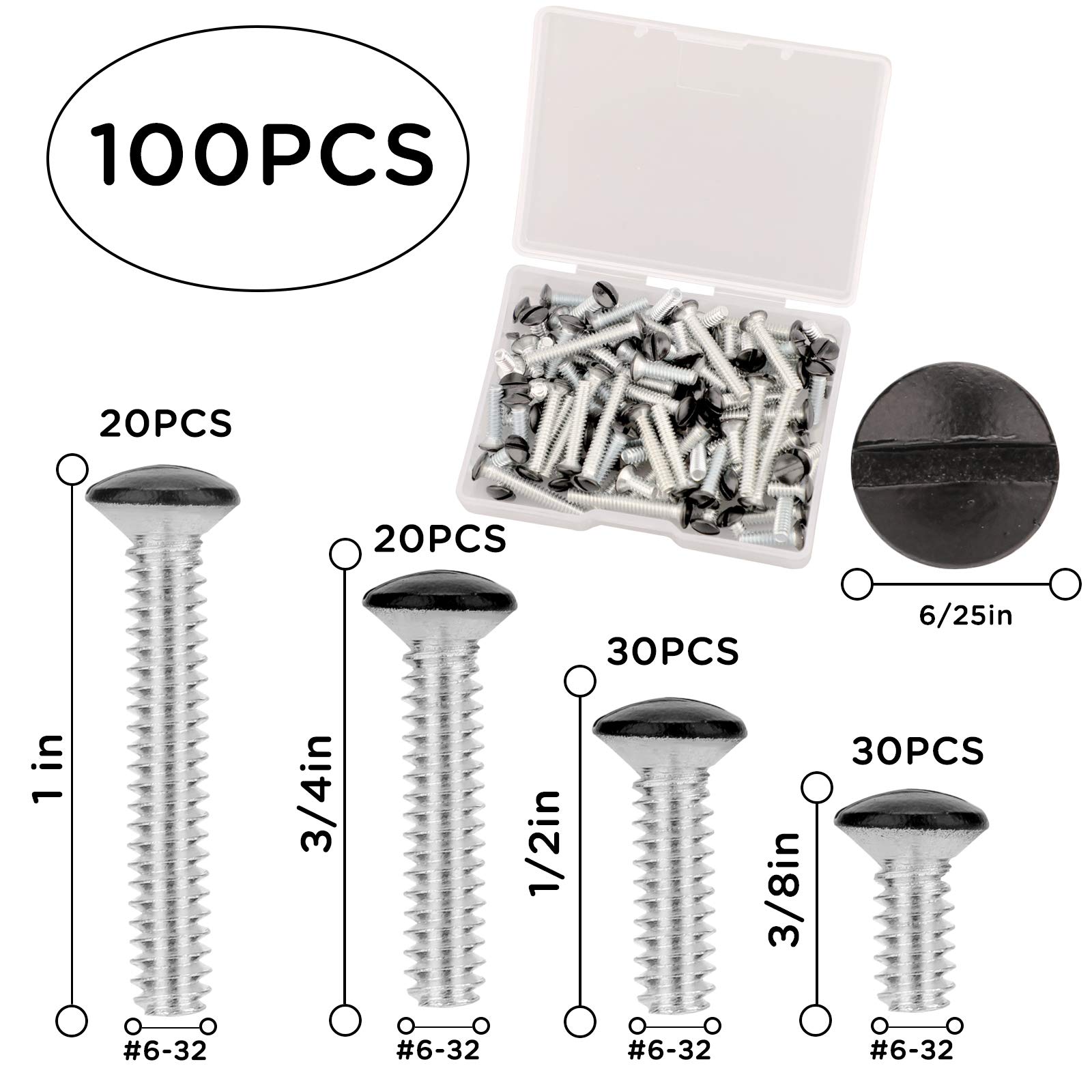 TOYMIS 100Pcs 4 Sizes 6-32 Thread Black Wall Plate Screws Outlet Cover Screws Switch Cover Screws Replacement Wall Plate Screws Electrical Screws (Black)