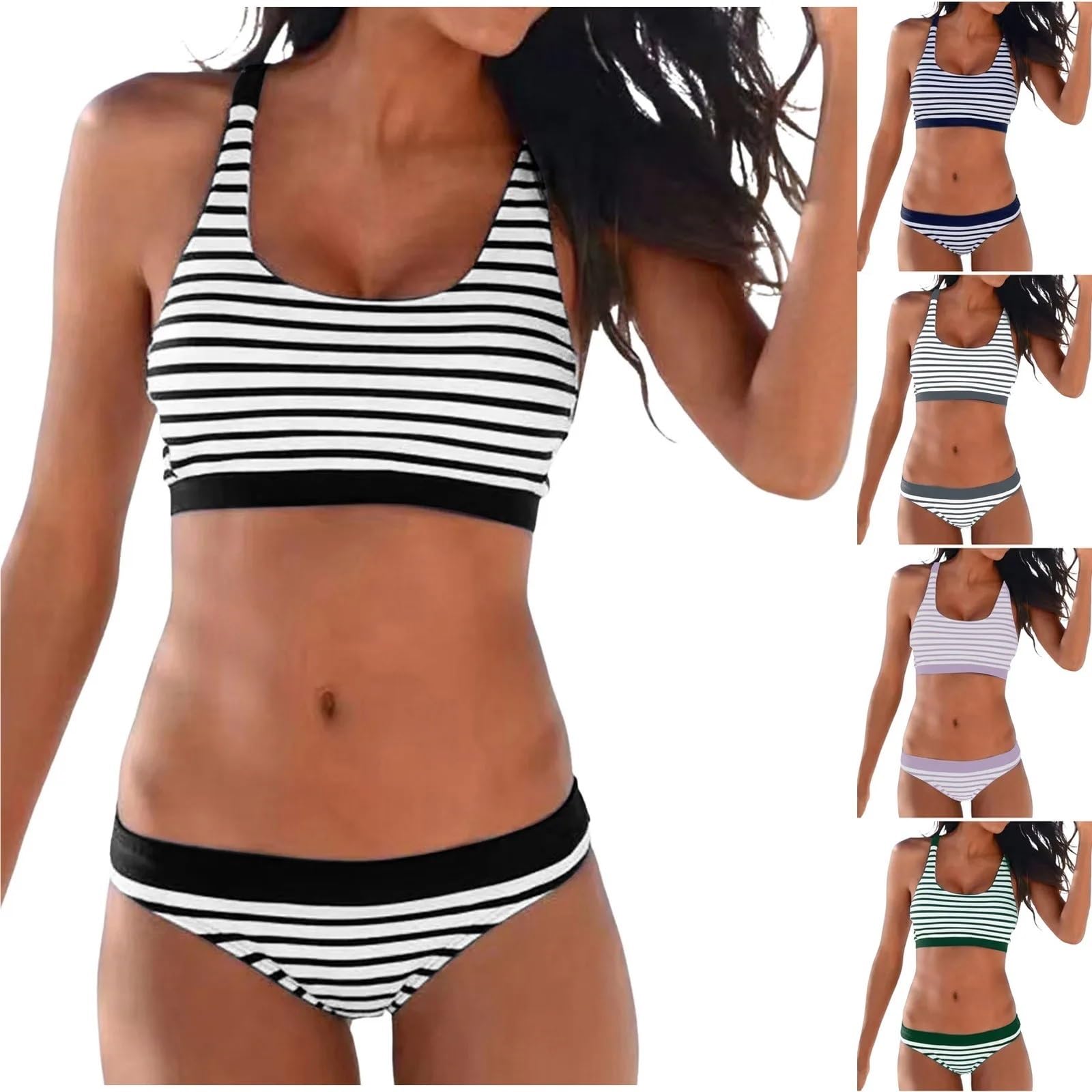 Bikini Maillots de Bain for Femmes Bikini Taille Basse à imprimé rayé for Femmes Maillots de Bain Deux pièces Sexy Push-up pour Femme(Deep Blue,XXL)