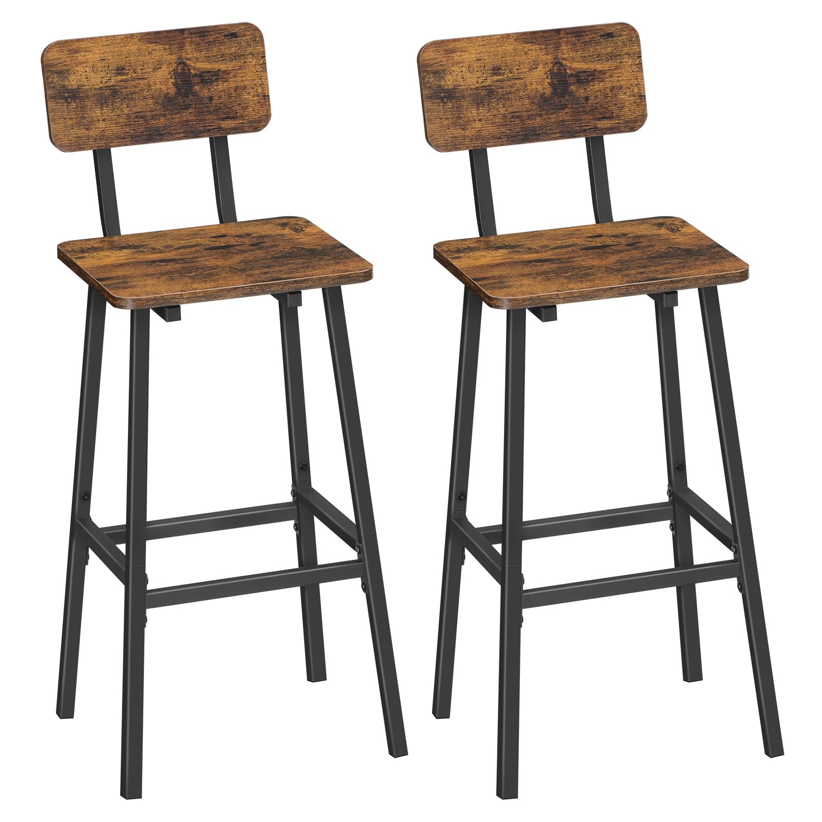 HOOBRO Bar Stools, Barstool Set of 2, Bar Chair with Backrest and Footrests, 27.8" Tall Counter Bar Stools with Industrial Style, for Kitchen, Dining Room, Bar, Cafe, Rustic Brown and Black BF83BY01