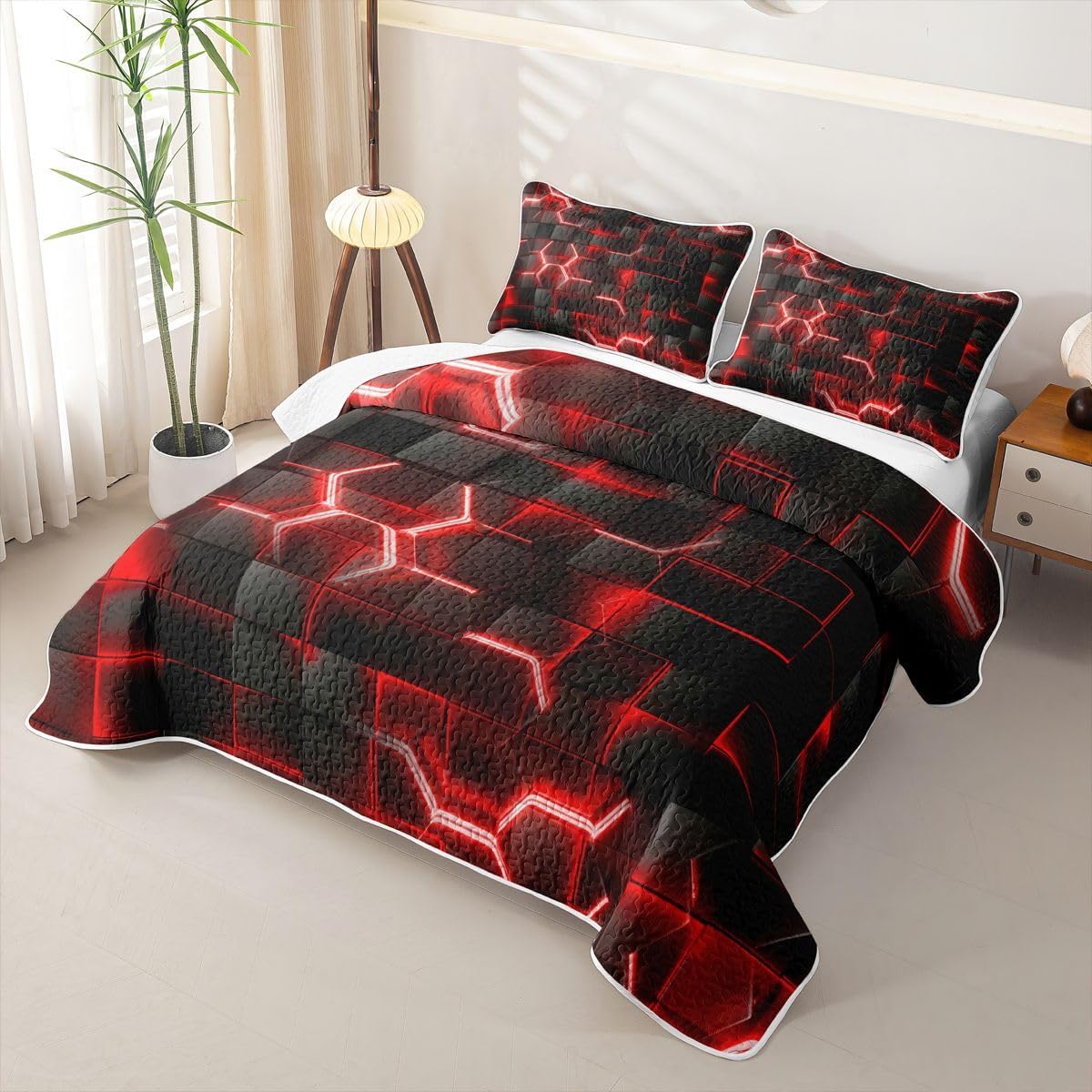 Feelyou Red and Black Quilts Honeycomb Quilt Sets Full Size for Kids Boys Girls Decor Hexagon Theme Bedspread Coverlet Set Geometrical Beehive Decor 3PCs with 2 Pillowcase