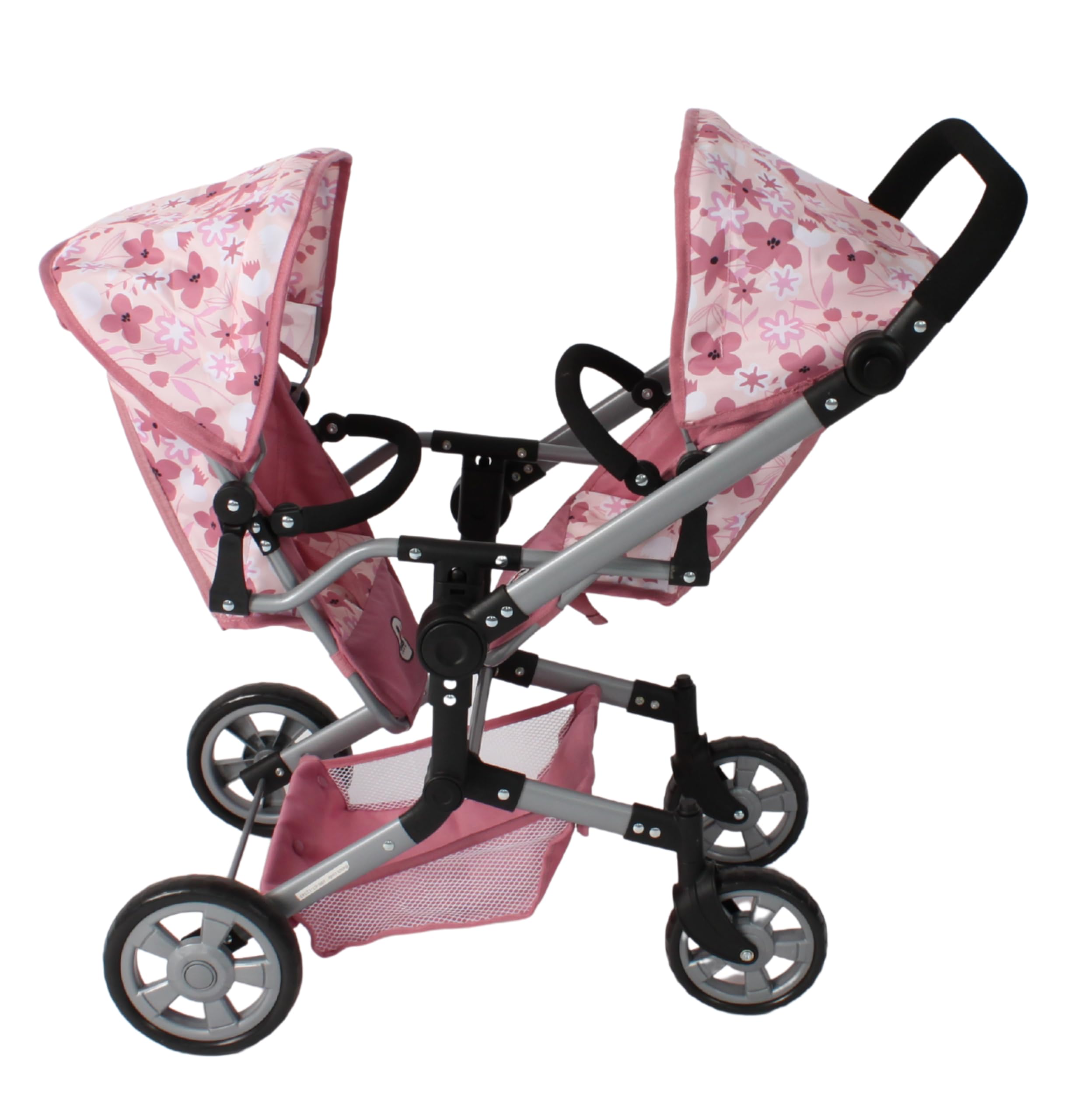 Bayer Chic 2000® Puppenwagen Linus Duo, Flowers rosa, faltbar | Zwillingspuppenwagen, Verstellbarer Griff 50-82 cm, Für Puppen bis 50 cm, 4-8 Jahre