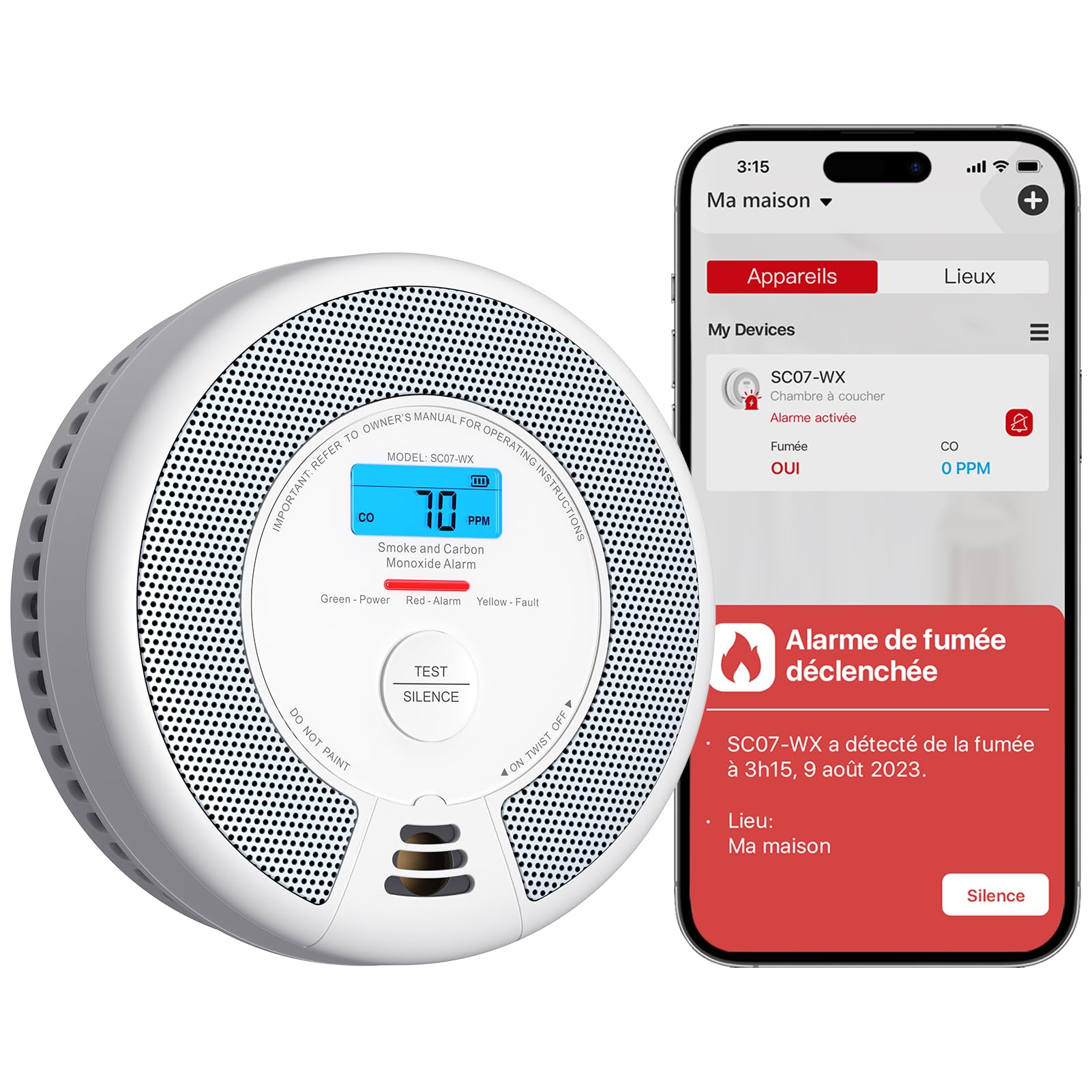 Détecteur de fumée et monoxyde X-Sense SC07-WX intelligent