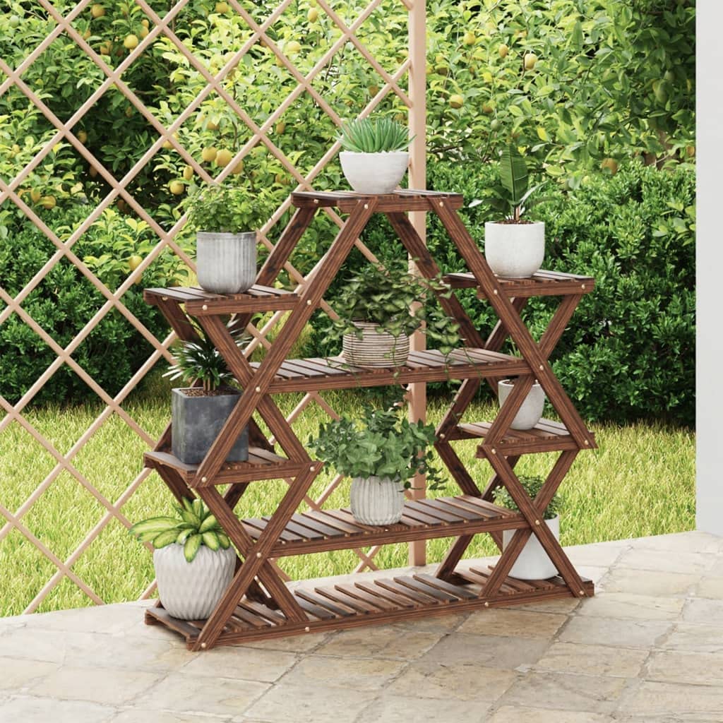 Soporte para flores de madera maciza de abeto carbonizado, 110 x 25 x 105 cm, resistente estantería para plantas con mucho espacio para decoración, ideal para salón, balcón o terraza.