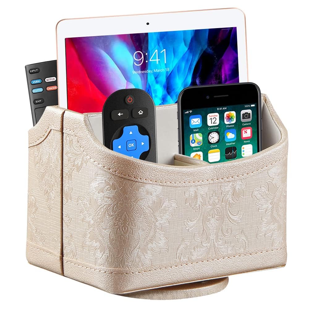 TERRIFI PU Leather 360-Degree Rotatable Remote Control Storage Box, Rotating TV Guide, Mail, Media Desktop Organizer, Bedside Table Manager, Mobile Phone and Pen Holder, Stylish and Functional Design