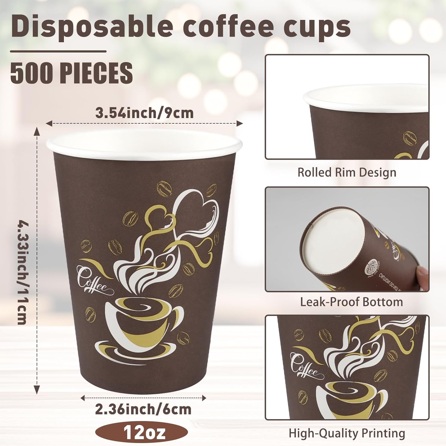500pcs 12 oz Paper Cups, Disposable Hot Beverage Coffee Cups for Cafes, Offices, Homes, Parties, Picnic Travel, Indoor & Outdoor Activities, Brown