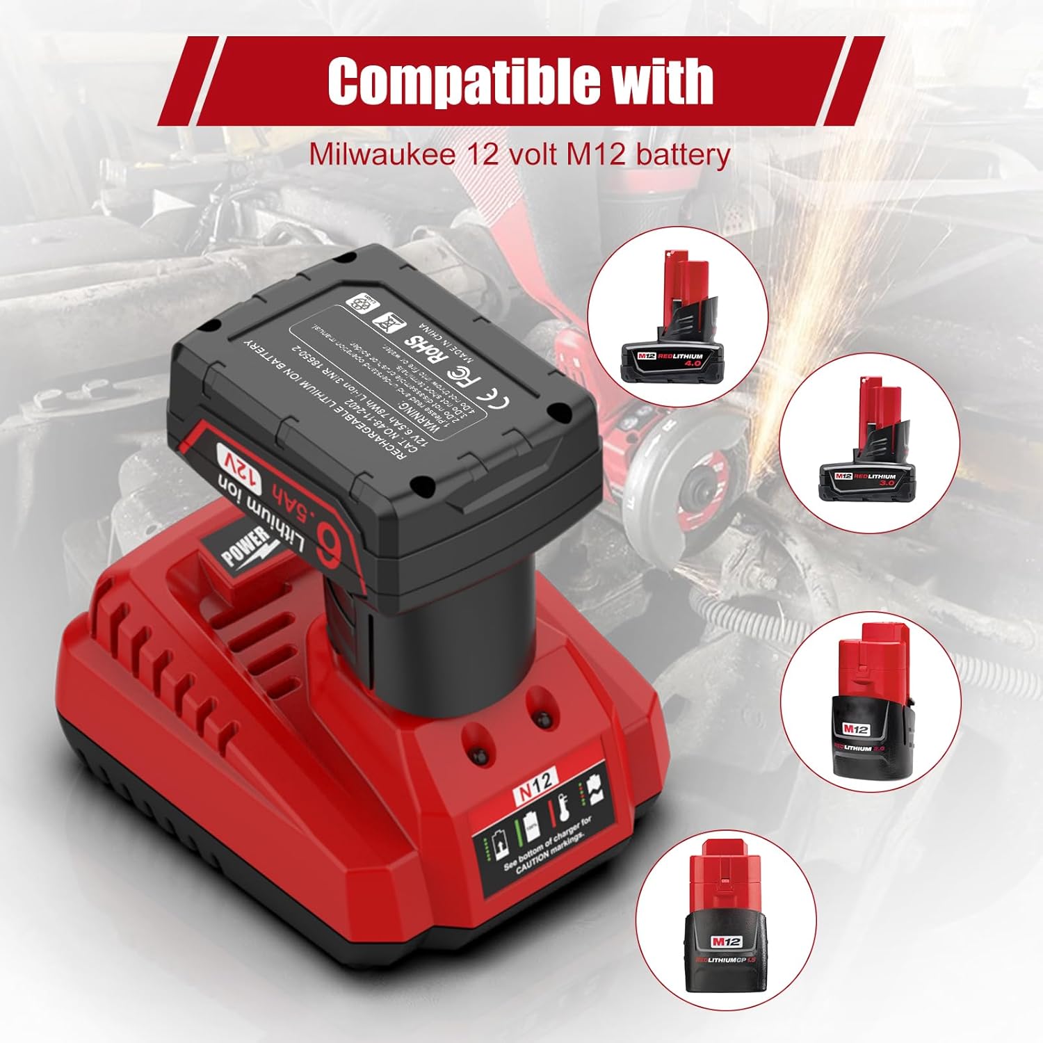 Powilling 2 Pack 12V 6.5Ah Replacement for Milwaukee M-12 Battery and Charger Kit, Compatible with Milwaukee M-12 12Volt Batteries 48-11-2401, 48-11-2402 - Image 3