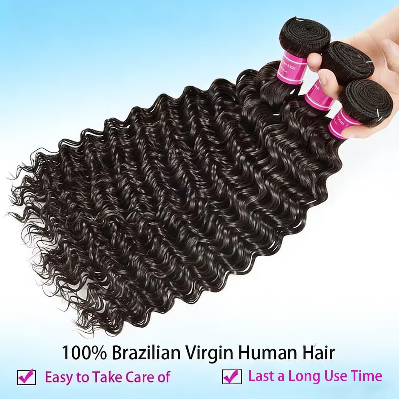 Deep Wave Bundles 24 24 24 Inch 100% Unprocessed Brazilian Virgin 3 Bundles for Women 16A Wet and Wavy Human Hair Bundles Quick Weave Natural Black Color
