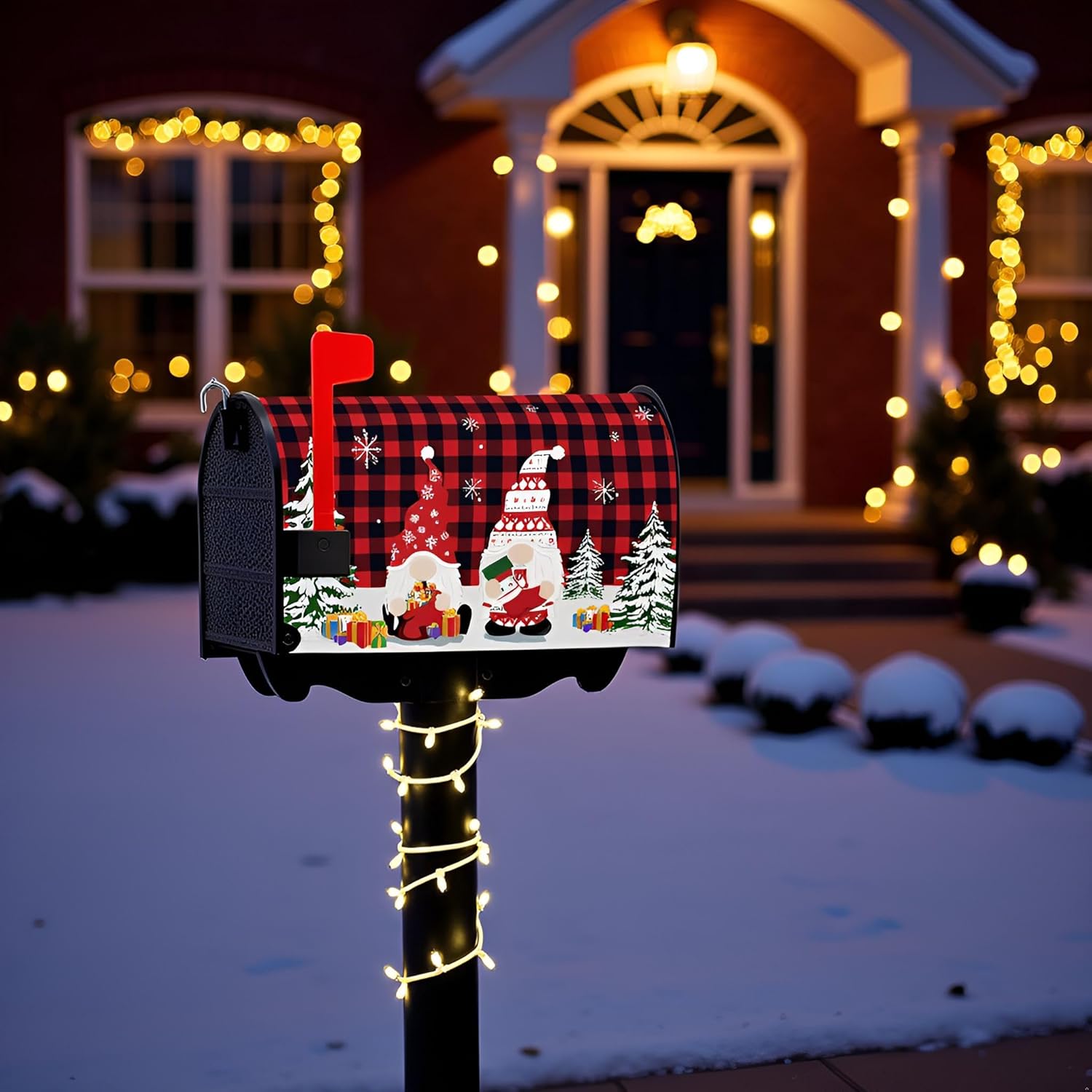 Christmas Magnetic Mailbox Cover, Winter Xmas Red Buffalo Plaid Standard Mailbox Cover, Holiday Decorations Christmas and New Year Yard Decoration,21" Lx 18" W (Christmas Santa Buffalo Plaid)