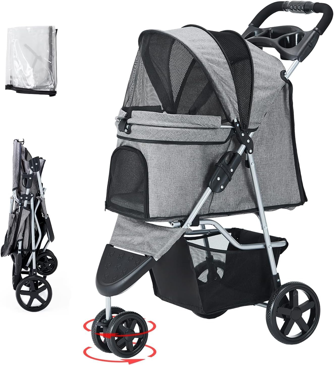 Passeggino per Cani con Freni a Mano Singola e Copertura Antipioggia [Capacità 15KG] - Carrello Pieghevole per Animali Domestici, Carrozzina con Ruote Sicure (Ideale per Viaggi), grigio