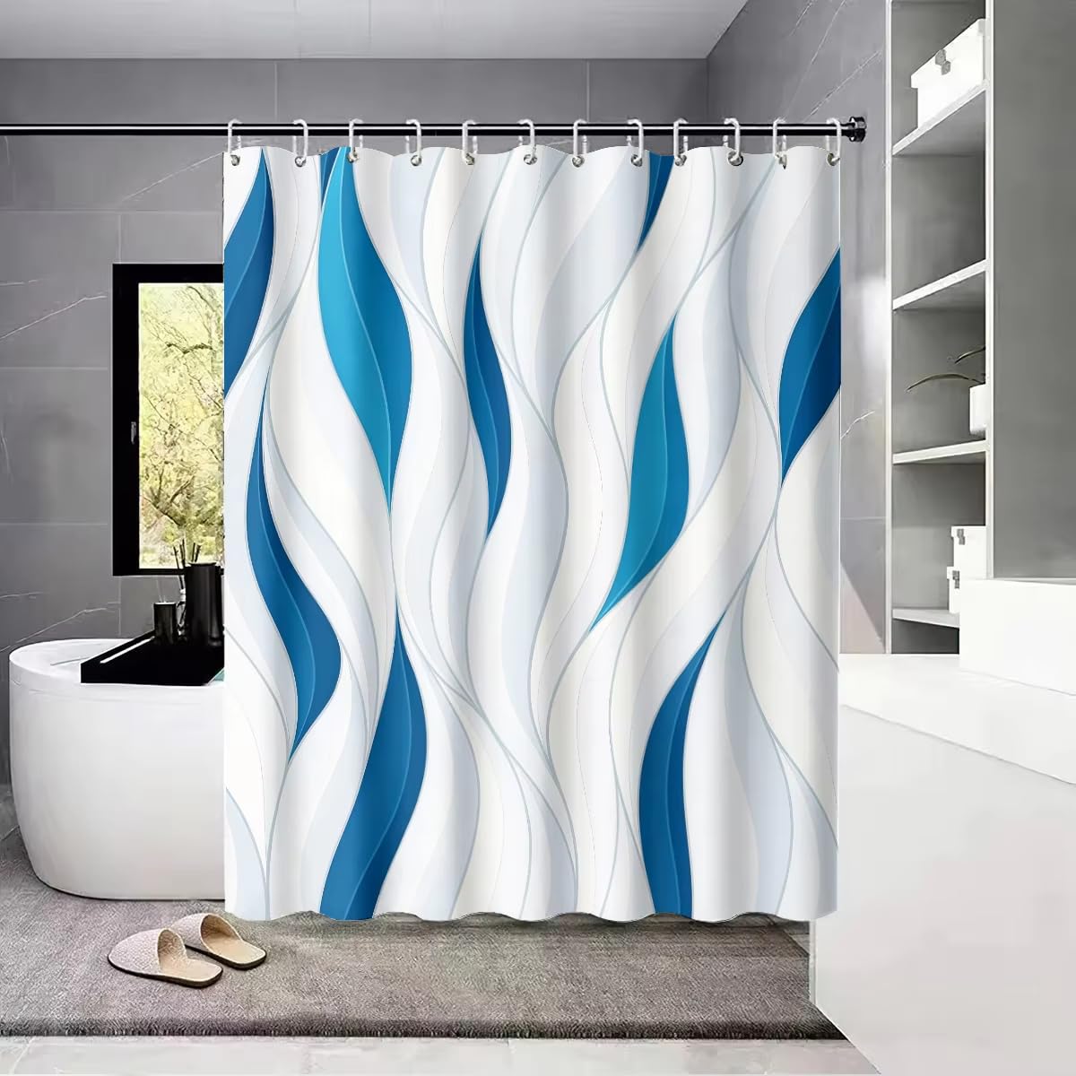 Blauer, abstrakt bedruckter, wasserdichter Duschvorhang mit Haken, einfach zu montieren (250 x 205 cm/maschinenwaschbar)