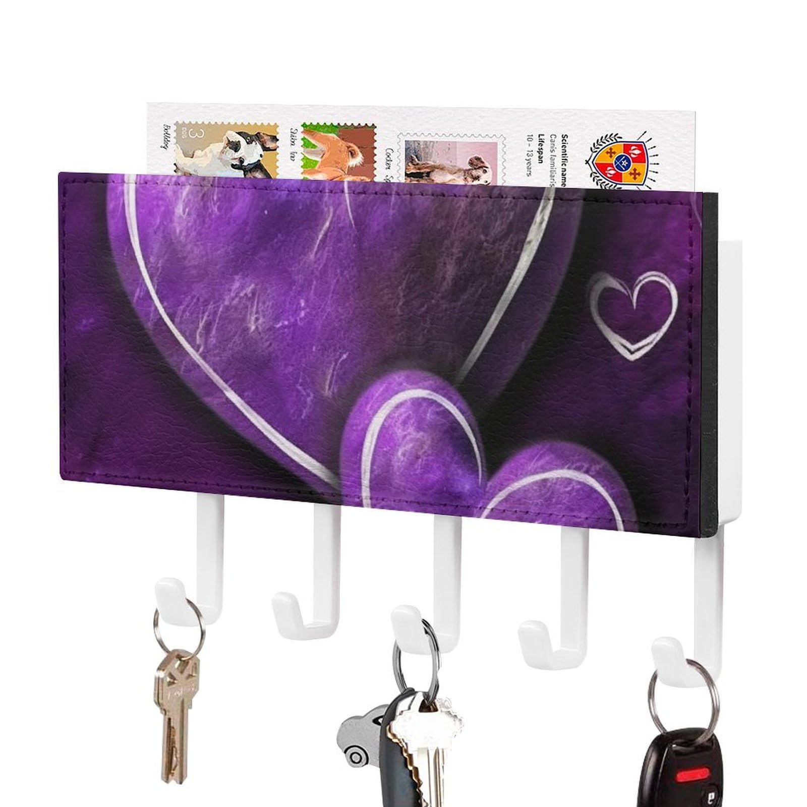 Llavero de corazones morados con 5 ganchos para llaves de pared para el vestíbulo