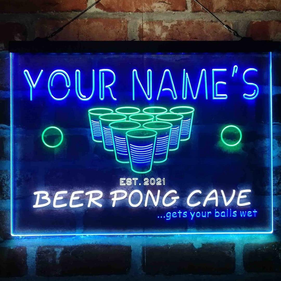 Personalized Beer Pong Cave Tri-Color LED Neon Light Sign Customize Name Date Text Quote Font White & Green & Blue 17.7 x 13.6 Inches st9s43-qr1-tm-wgb