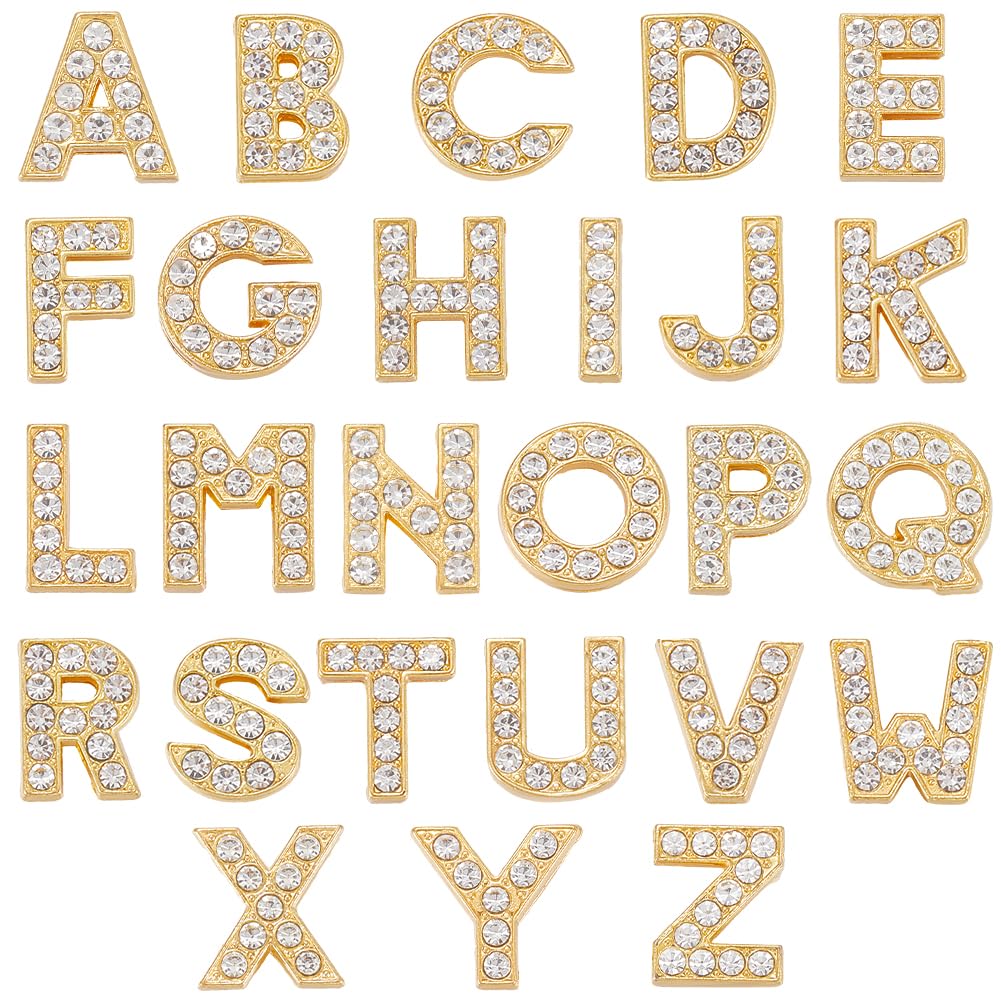 SUNNYCLUE 1 Box 26Pcs 26 Styles Rhinestone Alphabet Beads Charm Golden Crystal Letter Charms Bulk Metal Alloy Slide Full Rhinestones Art 3D A-Z Bead Charm for jewellery Making DIY Necklace Bracelet