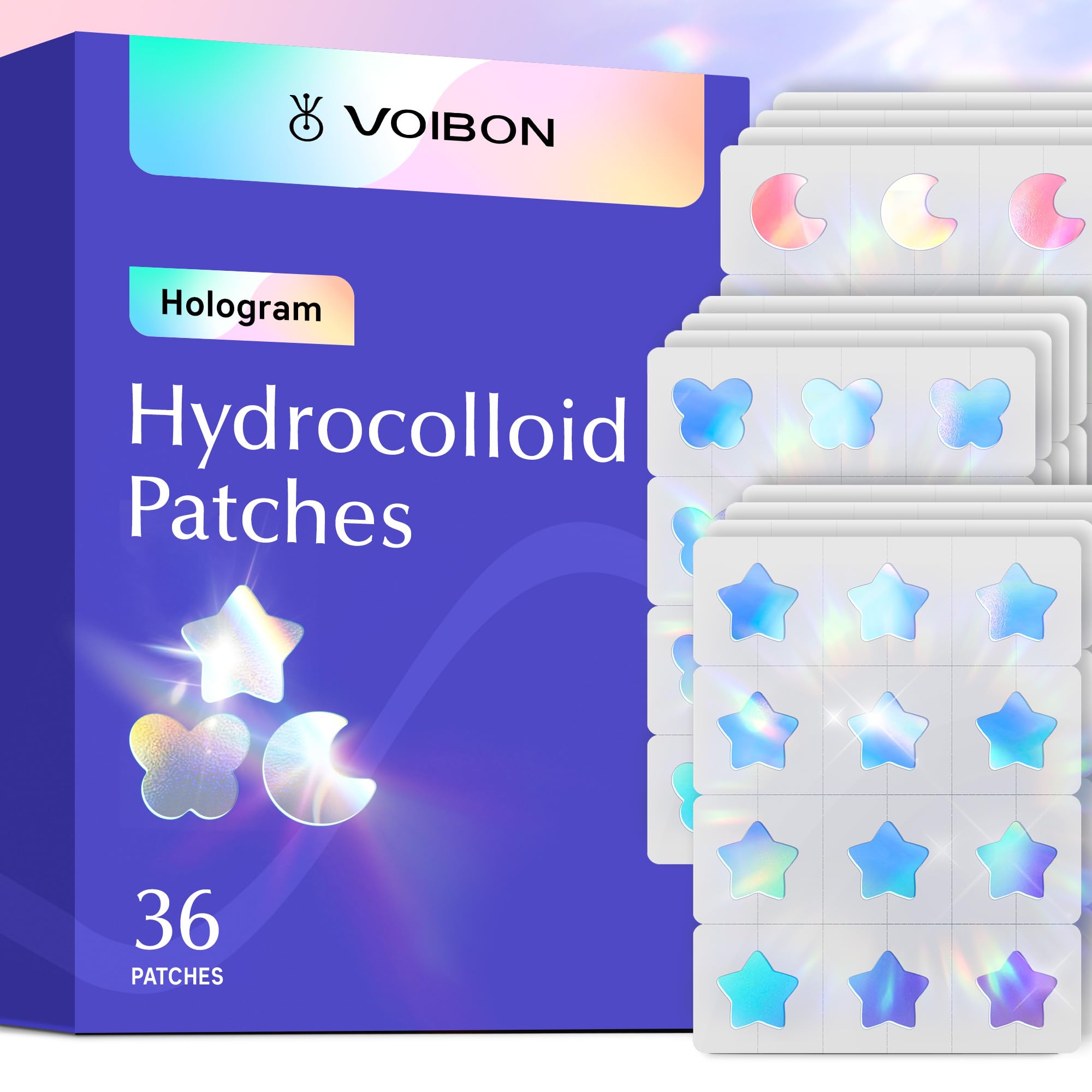 Voibon Hologram Pimple Patches for Face, Cute Hydrocolloid Acne Patches, Salicylic Acid & Tea Tree Colorful Star Spot Stickers,Zits & Blemish,Blue Pink Moon Butterfly,Zit Patches 12MM(36 Count)