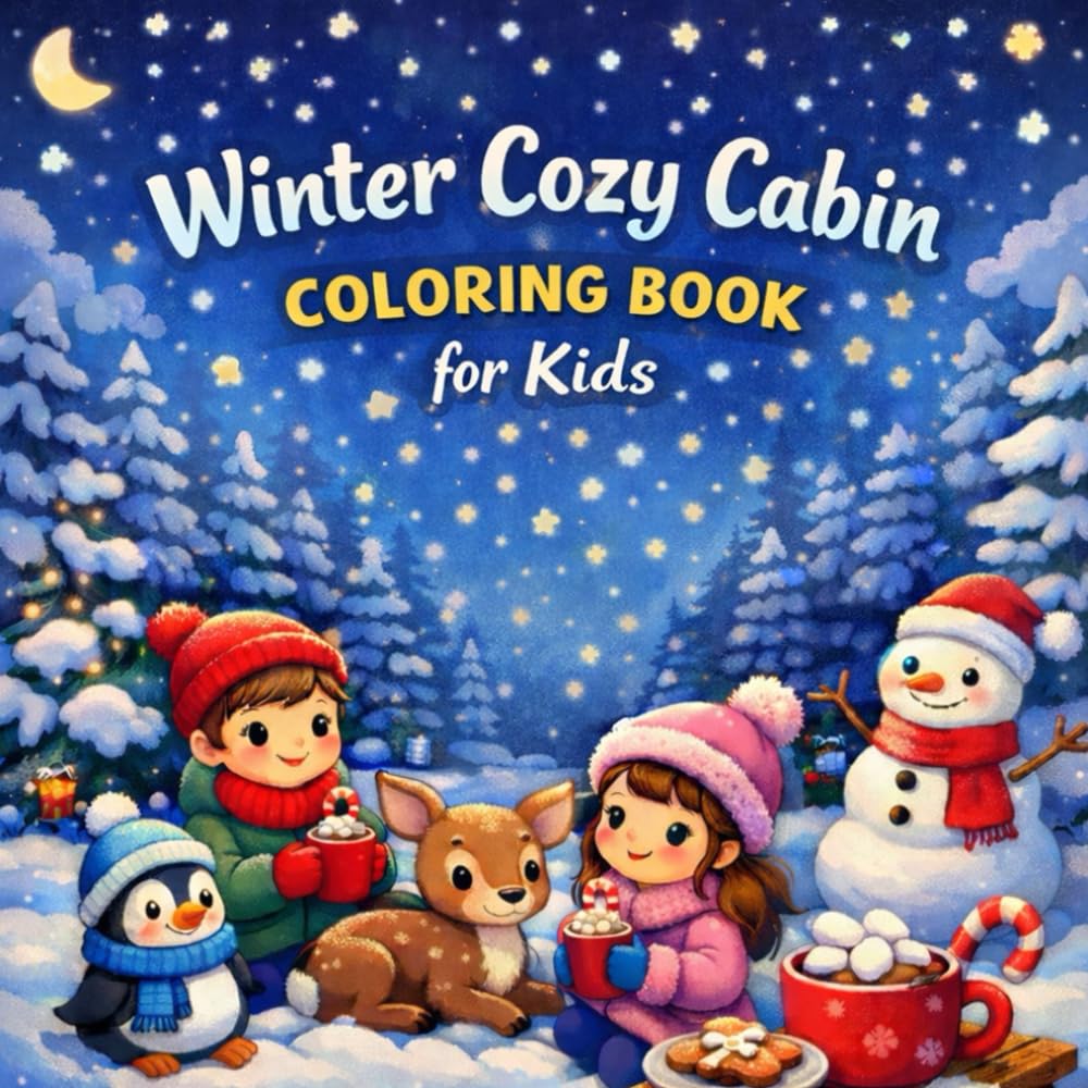Winter Cozy Cabin coloring book for Kids: A Cute and Cozy Winter Coloring Book with Snowy Cabin Scenes, Adorable Animals, and Holiday Fun for Boys and Girls Ages 4–8