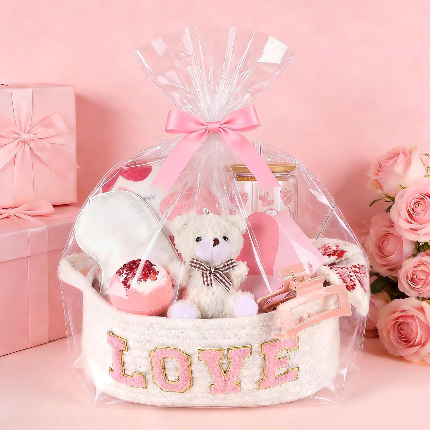 12 Pcs Valentine's Day Woven Basket Gift Set Romantic Spa Relaxation Basket Set for Her Self Care Package with Heart Blanket Socks Bath Salt Ball Glass Cup Bear for Women Girlfriend Wife Mom (White)