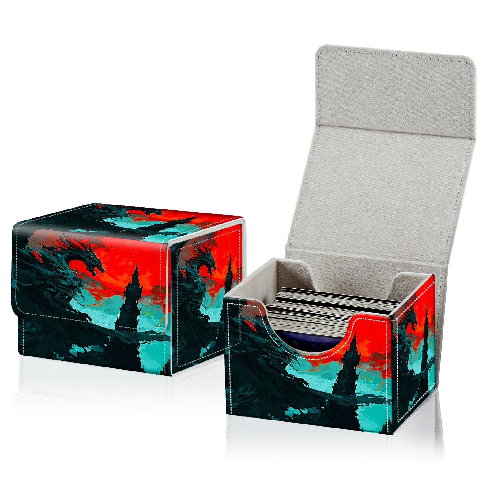 RWUTYTIUL Card Deck Box for MTG, Cards Storage Box Fits 120+ Sleeved, Leather Small Size Strong Magnetic Closing Card Case for Board Games Magic TCG CCG Baseball Collection, Ink Dragon