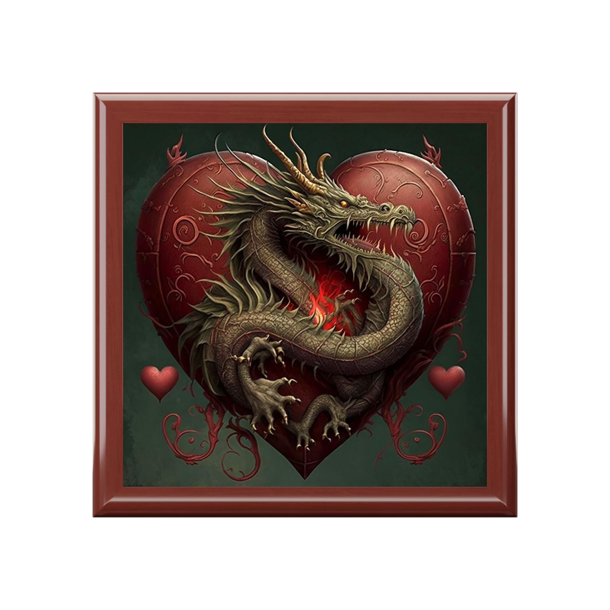 GenericDragon Heart Wood Keepsake Jewelry Box with Ceramic Tile Cover Red Mahogany One size