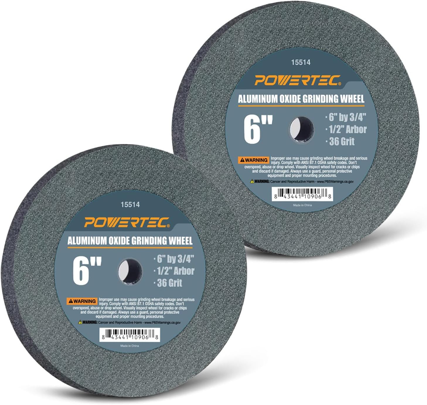 POWERTEC Bench Grinder Wheel 6 Inch 36 Grit, Aluminum Oxide Grinding Wheel for Bench Pedestal Grinder, 3/4" Thick 1/2" Arbor, Sharpening & Shaping Drill Bits, Blade, and Chisel 2PK (15514-P2)