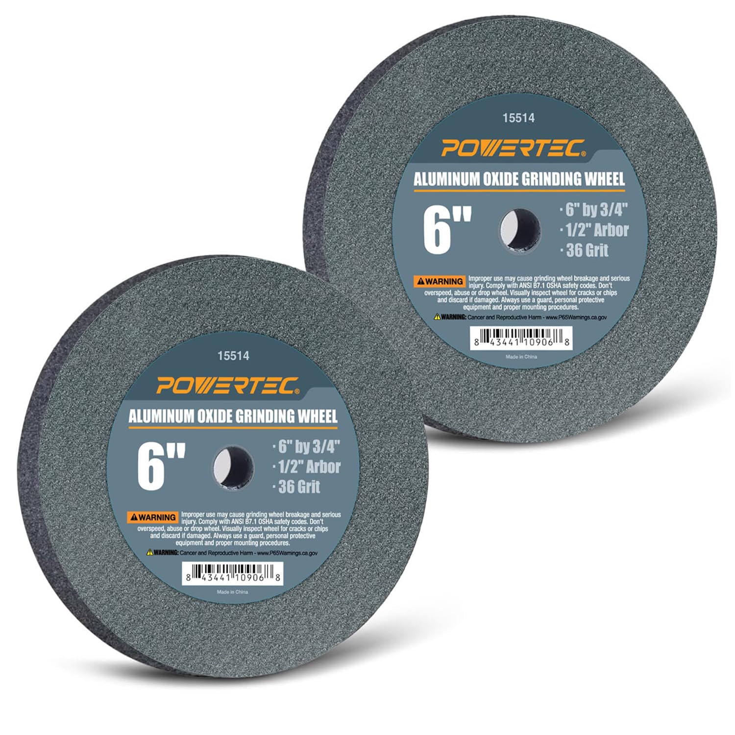 POWERTEC Bench Grinder Wheel 6 Inch 36 Grit, Aluminum Oxide Grinding Wheel for Bench Pedestal Grinder, 3/4" Thick 1/2" Arbor, Sharpening &amp; Shaping Drill Bits, Blade, and Chisel 2PK (15514-P2)