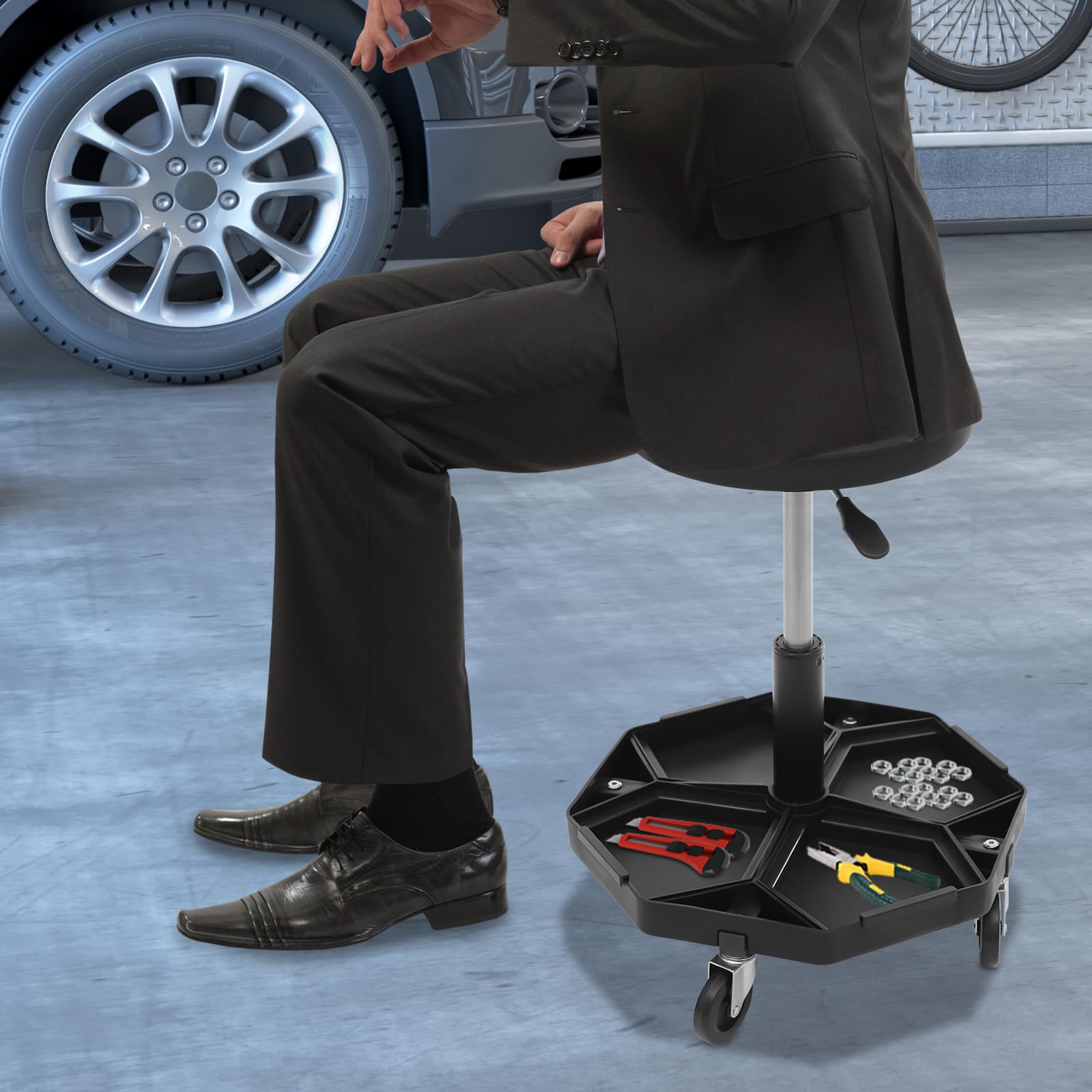 Sgabello da officina, massimo 150 kg, sedile pneumatico da garage con ripiano per attrezzi, altezza regolabile 45 – 61 cm, riparazione auto
