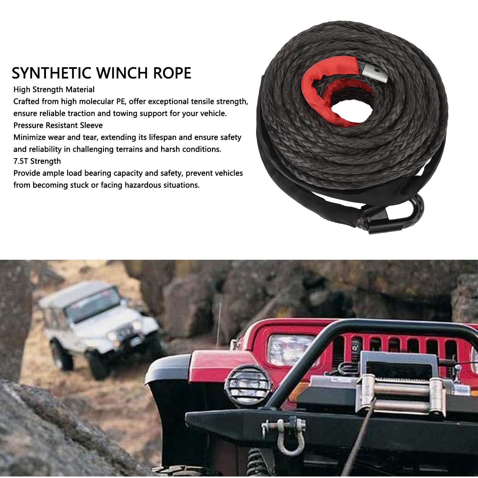 Câble Treuil Synthétique 9,5 Mm X 23 M – 7,5 Tonnes, Manchon Protecteur + Crochet Acier – 4x4 SUV ATV UTV