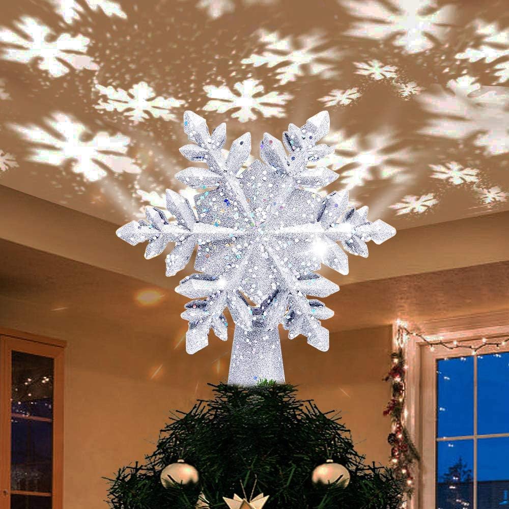 YostyleChristmas Tree Topper Lighted with White Snowflake Projector, LED Rotating Snowflake, 3D Glitter Lighted Sliver Snow Tree Topper for Christmas Tree Decorations
