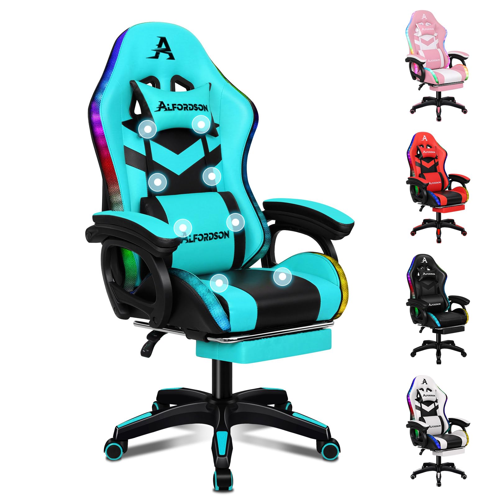 ALFORDSON Silla Gaming, Silla Gamer Racing con Iluminación LED RGB, Sillón Masajeador para Computadora con Reposapiés, Silla Giratoria Ergonómica con Respaldo Operado por Palanca, Cian