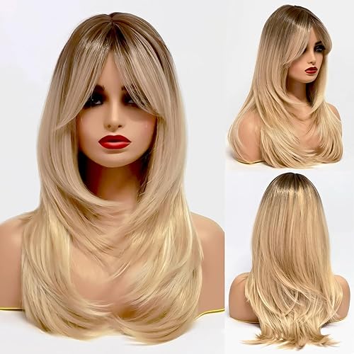 Peluca larga rubia ombré para mujer, con flequillo, peluca en capas, longitud al hombro, resistente al calor, pelucas sintéticas para mujeres con