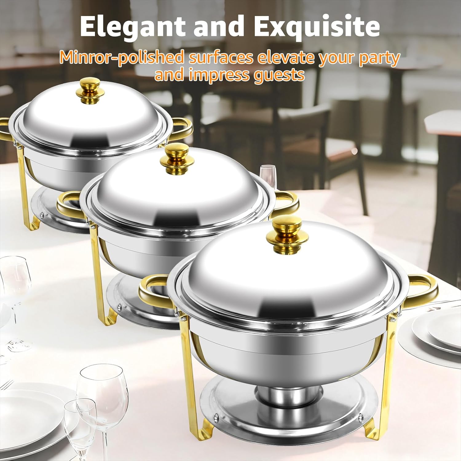 Chafing Dishes for Buffet, Buffet Servers and Warmers, 4 Pack 6QT Stainless Steel Food Warmers for Parties, Catering Supplies Buffet Display Chafing Dish for Parties, Golden