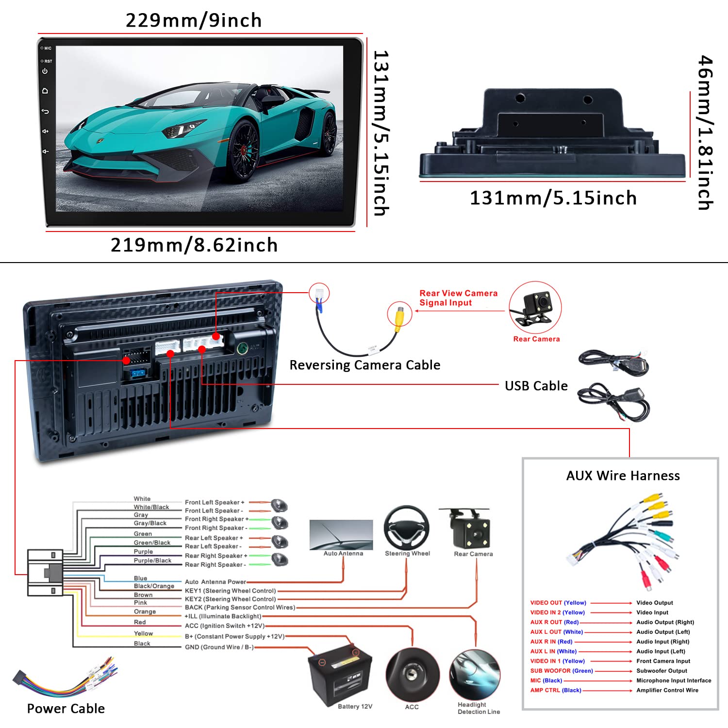 Carplay Double Din Car Stereo Camecho 9 Inch Touchscreen Android Auto