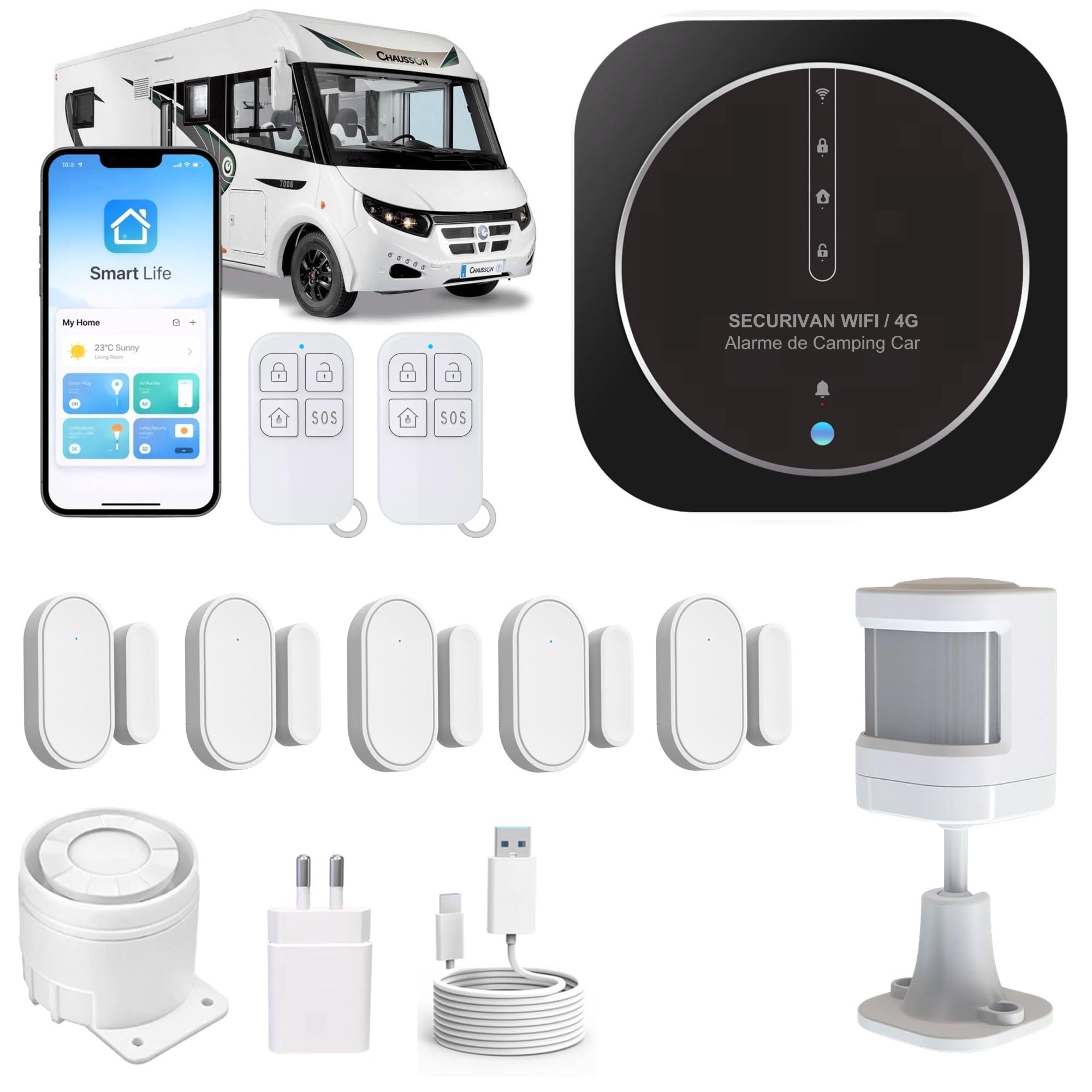 Alarme de Camping Car – WIFI/4G – Surveillance 24h/24h – Alerte sur téléphone - 2 Sirènes – Basse consommation – Adapté aux cloison Alu/Polyeste - Pas de Fausse Alarme – Expédiée programmée