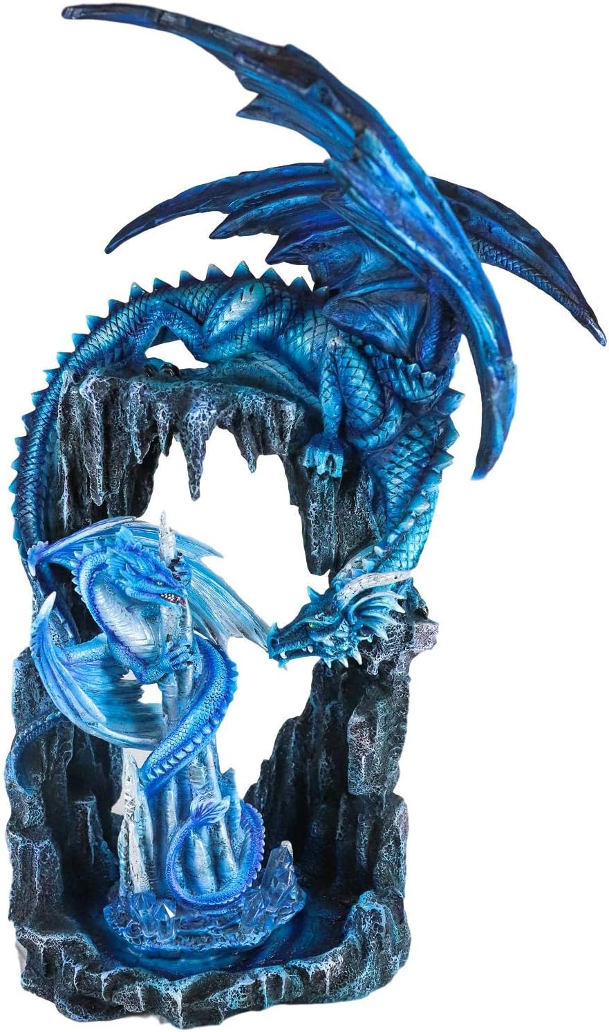 Ebros Large 21" Tall Frostbite Blue Frozen Dragon Mother Perching On Cavern Overhang with White Juvenile Wyrmling Clutching Ice Stalagmite Statue Home Decor Resin Fantasy Dragons Accent Figurine