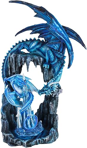 Ebros - Figura decorativa grande de 21 pulgadas de alto, color azul congelado, dragón congelado, posada en la caverna con estalagmita de hielo